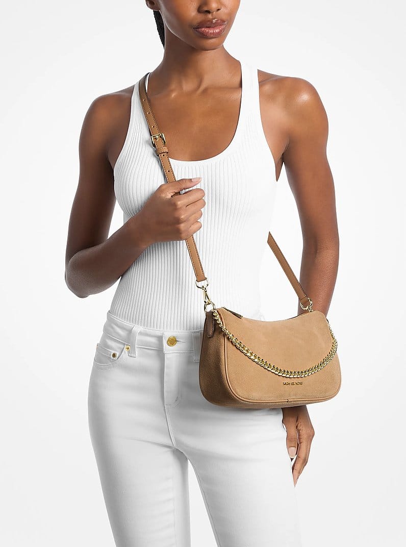 Michael Kors Carmela Medium Suede Convertible Crossbody Bag Camel