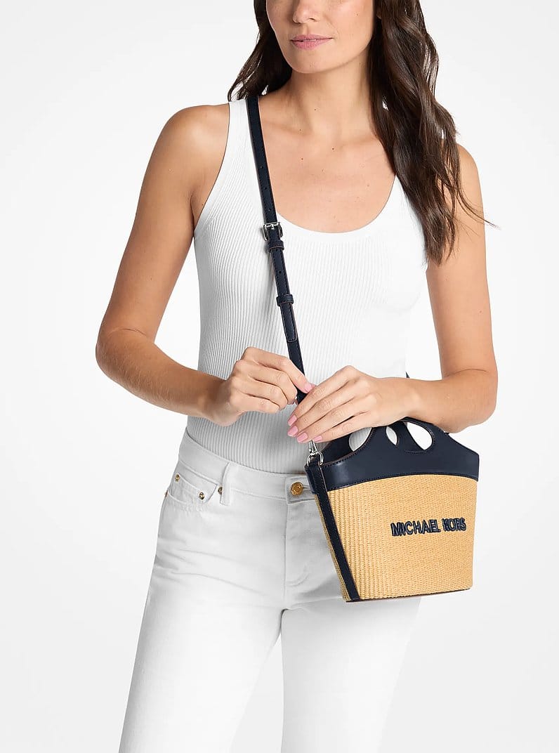 Michael Kors Tatum Medium Woven Convertible Crossbody Bag Navy