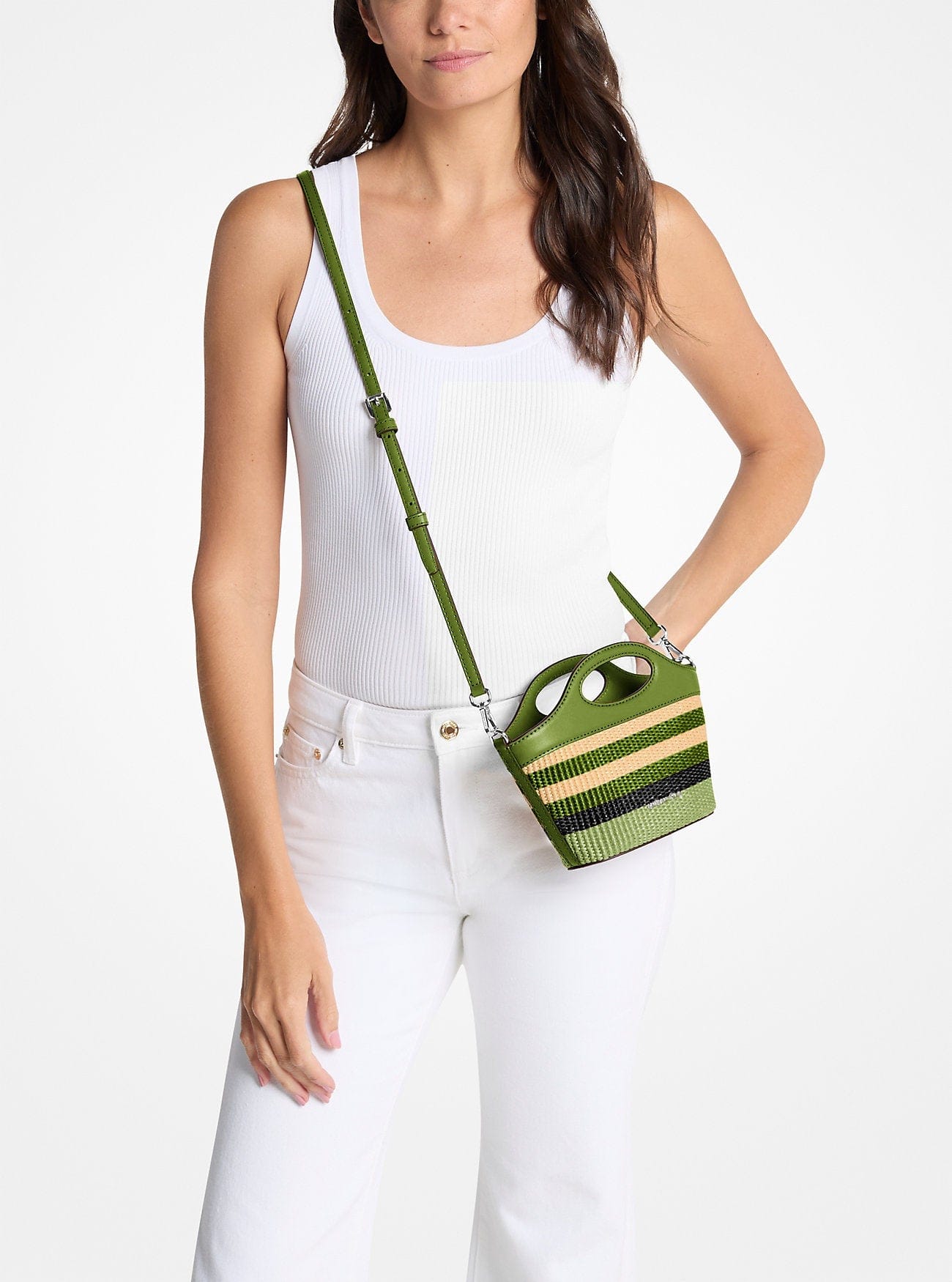 Michael Kors Tatum Small Striped Woven Crossbody Bag Lime
