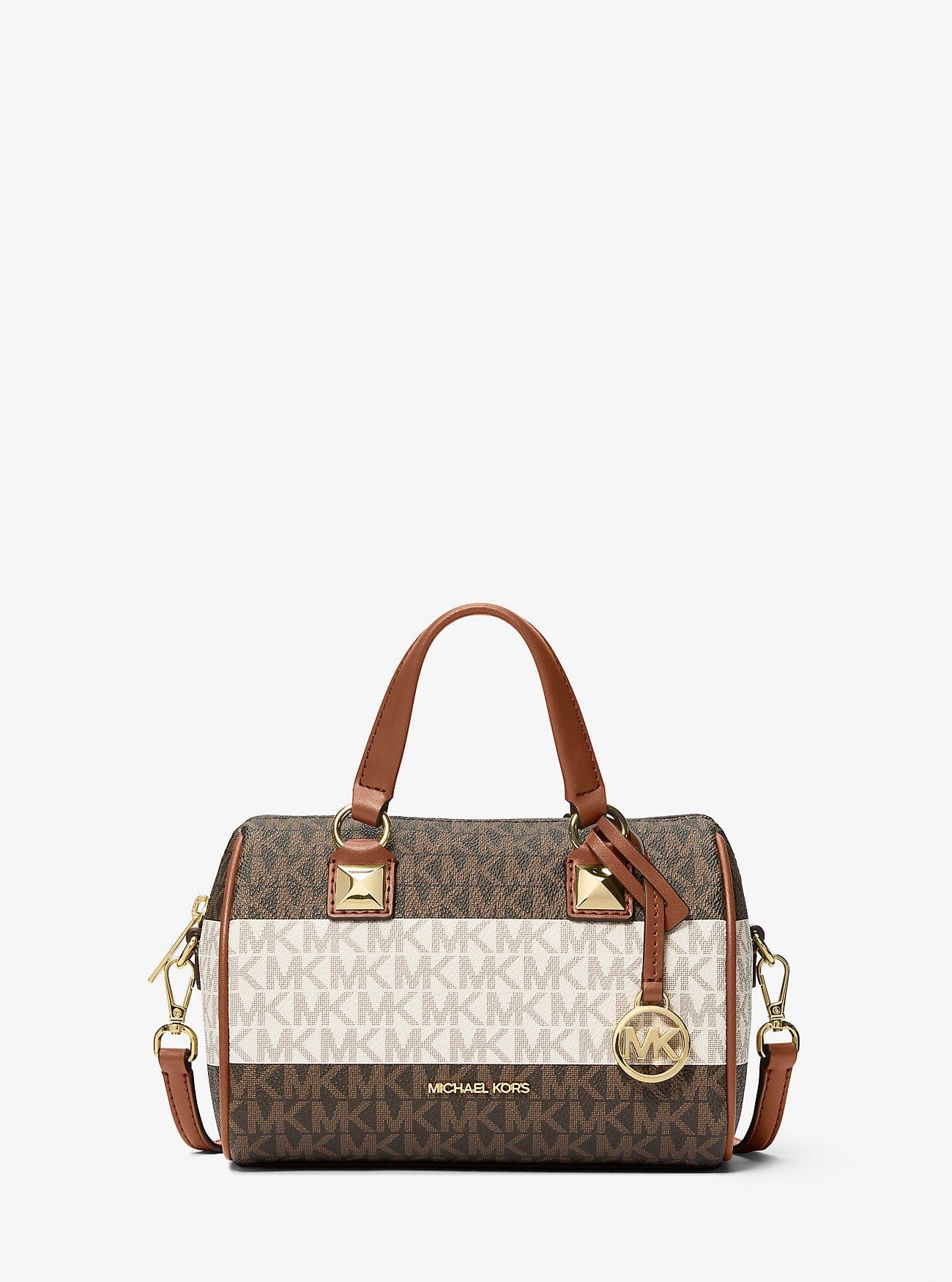 Michael Kors Grayson Small Striped Signature Logo Duffel Crossbody Bag Vanilla - Luggage