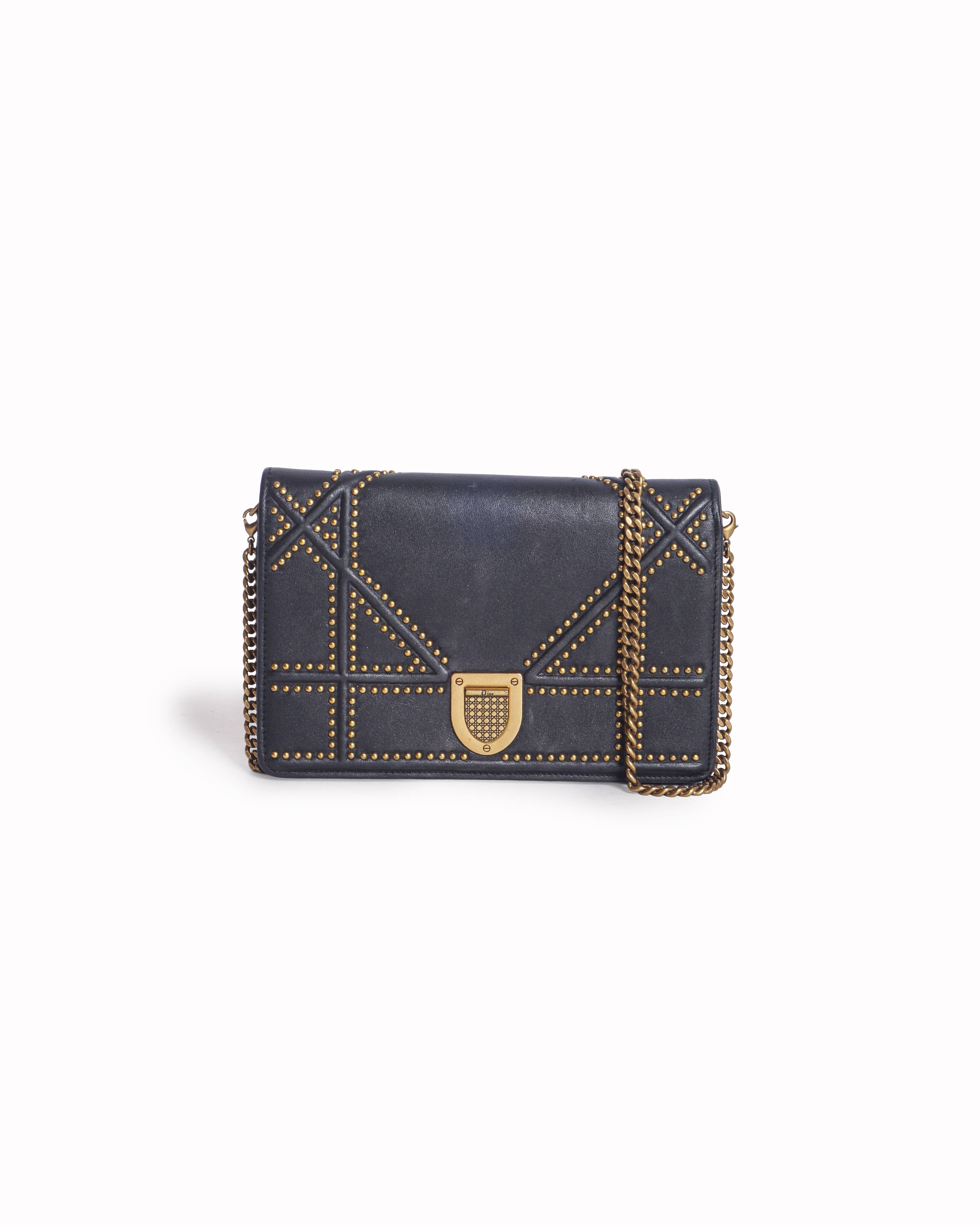 Dior Christian Dior Black Studded Leather Diorama Wallet On Chain