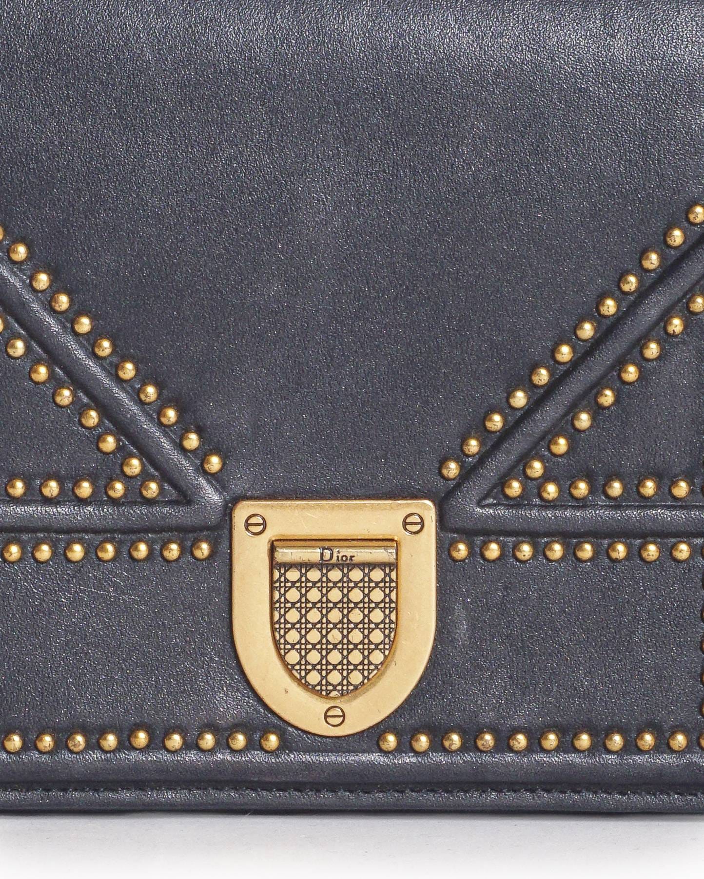 Dior Christian Dior Black Studded Leather Diorama Wallet On Chain
