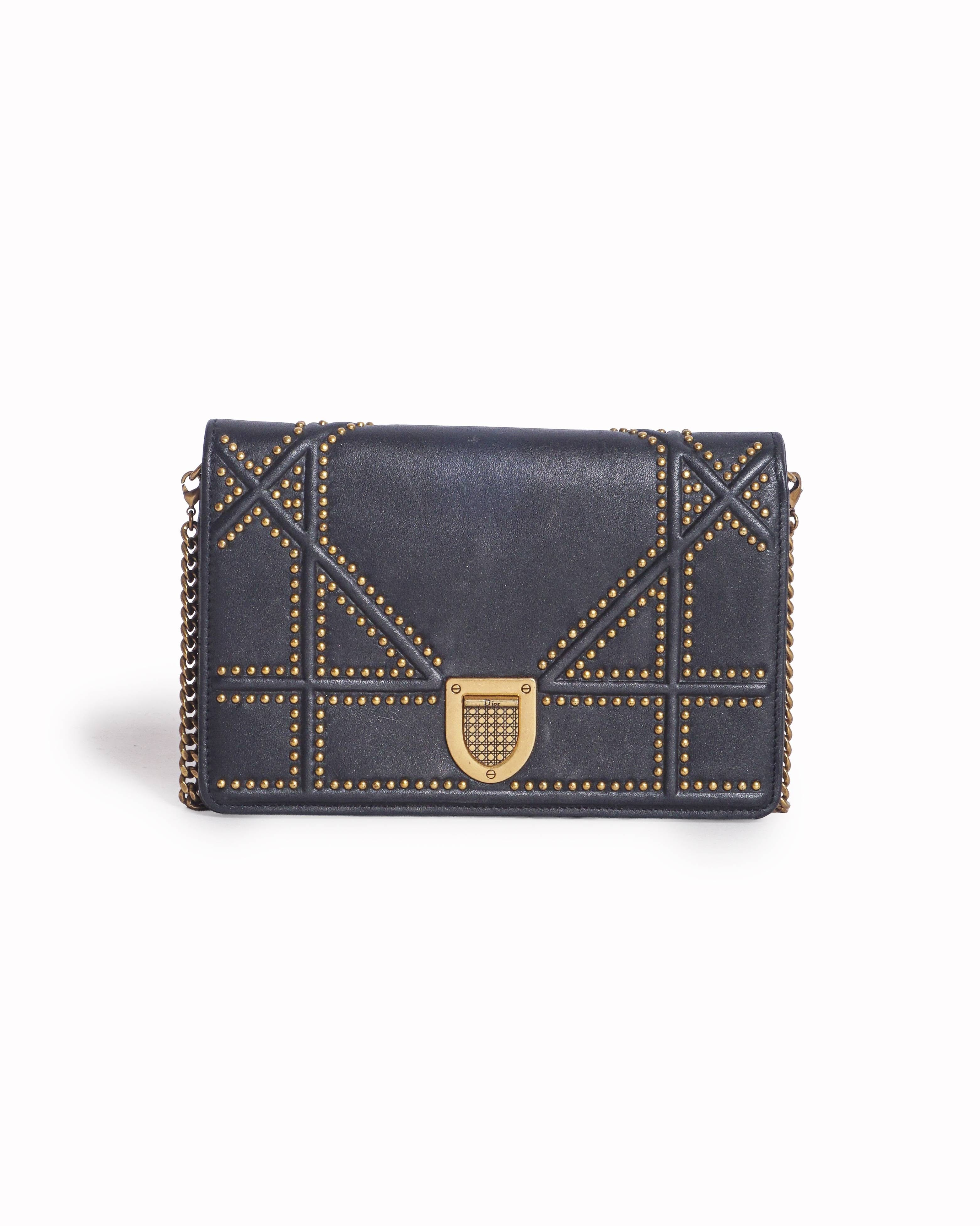 Dior Christian Dior Black Studded Leather Diorama Wallet On Chain