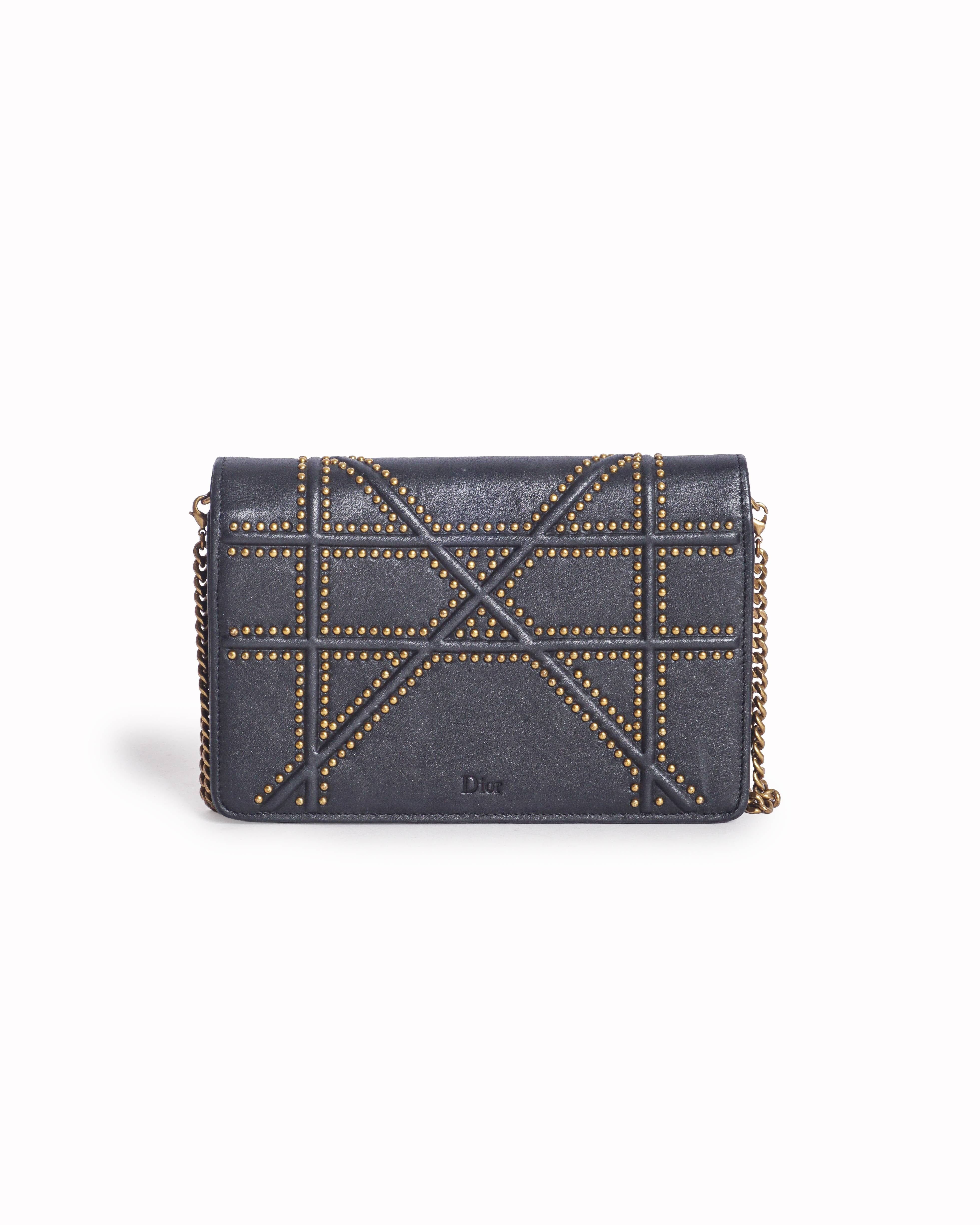 Dior Christian Dior Black Studded Leather Diorama Wallet On Chain