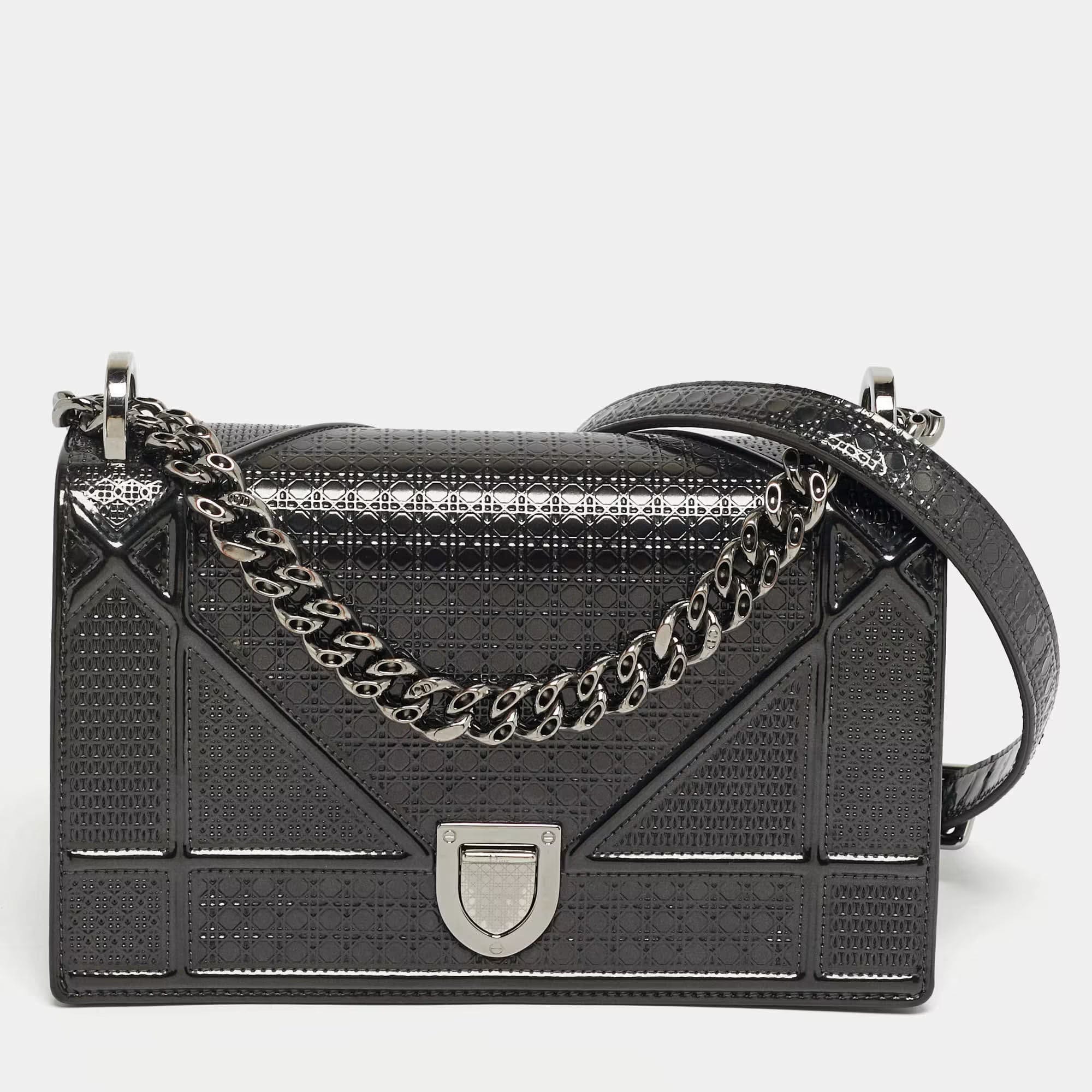 Dior Small Dark Grey Micro - Cannage Patent Leather Diorama Flap Bag