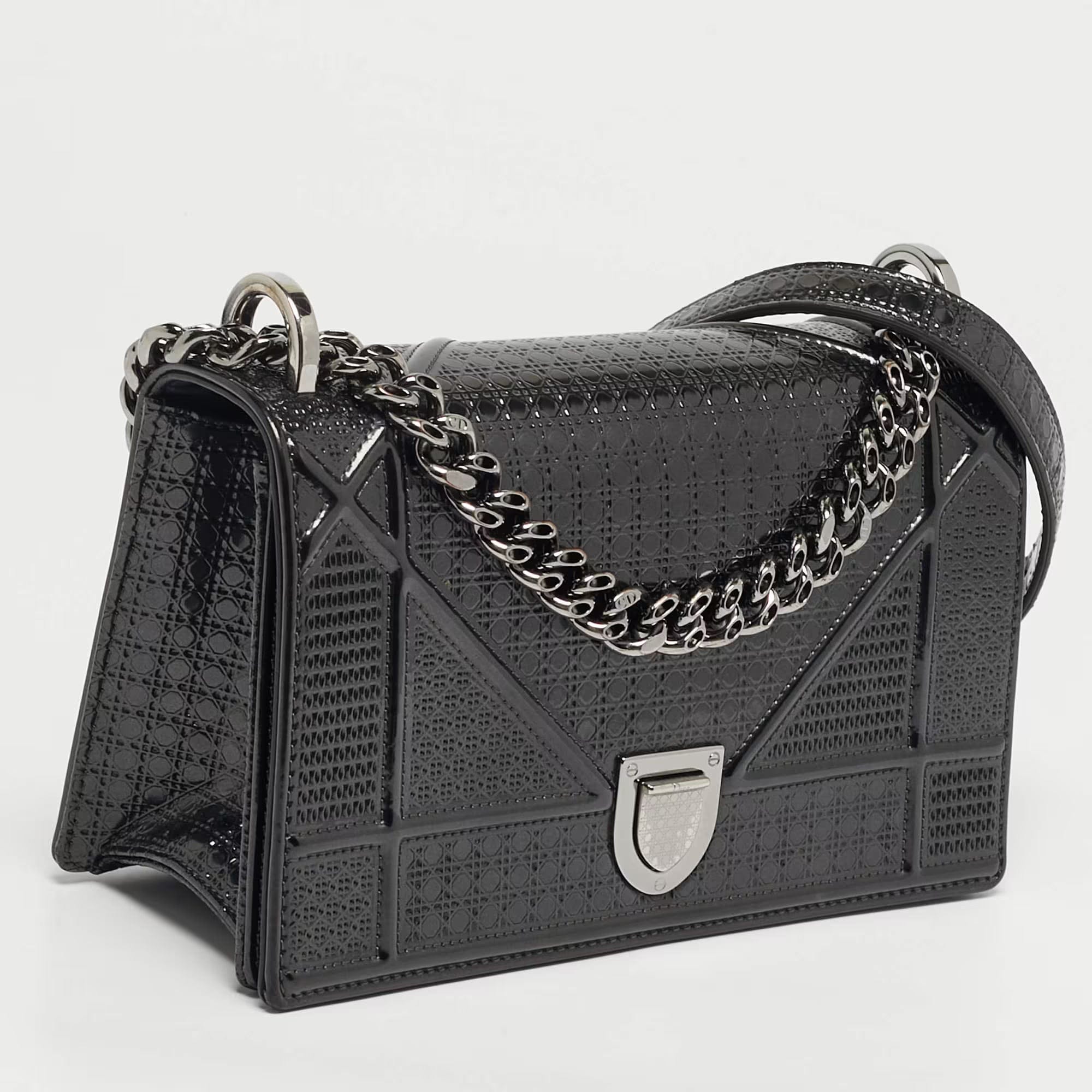 Dior Small Dark Grey Micro - Cannage Patent Leather Diorama Flap Bag
