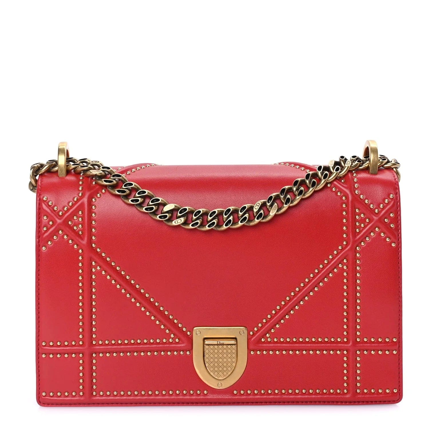 Dior Diorama Medium Studded Flap Bag Red Calfskin Leather