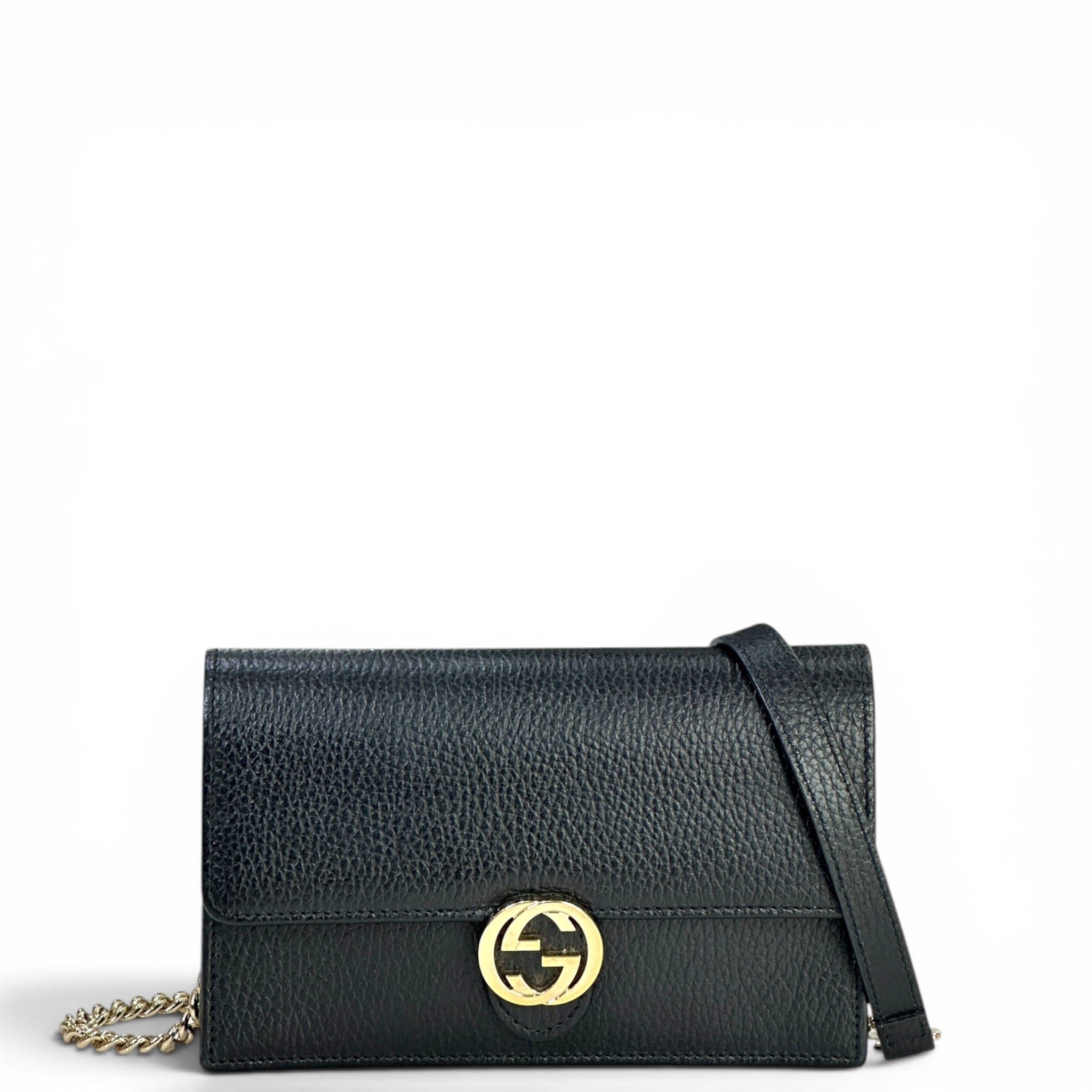 Gucci Interlocking G Wallet On Chain Textured Black Leather