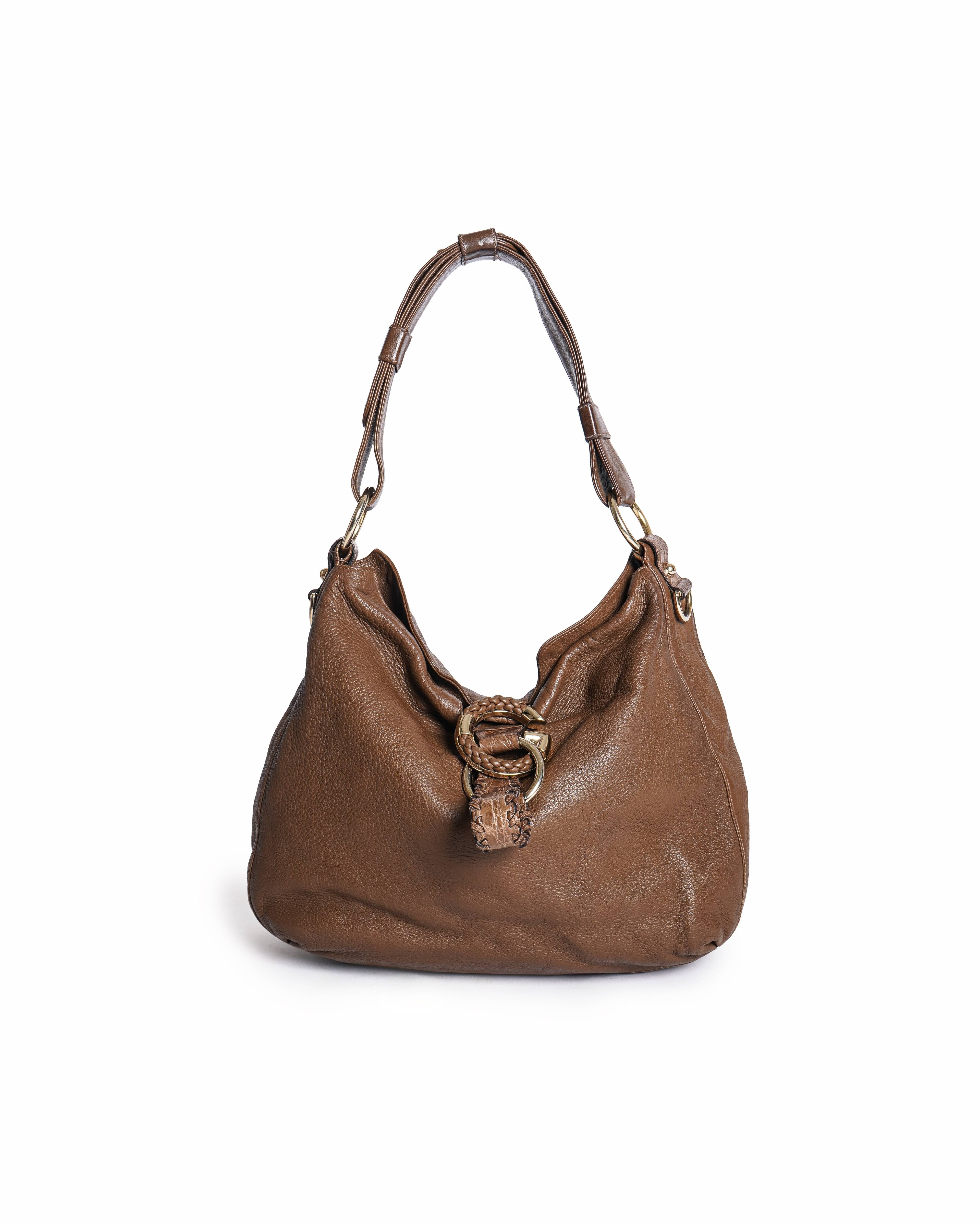Gucci Brown Leather and Crocodile G Wave Hobo Bag