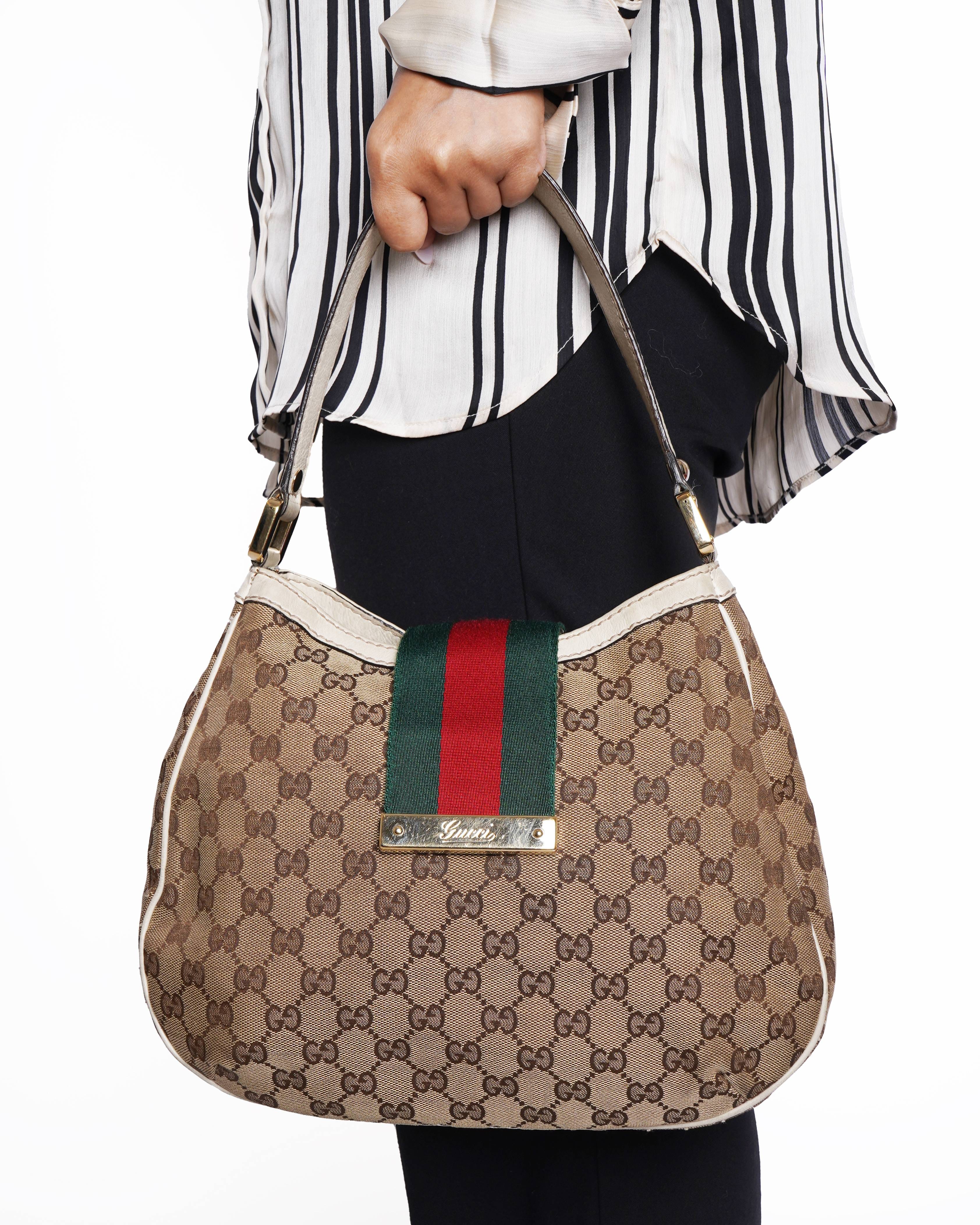 Gucci Beige/Brown GG Canvas And Leather Medium New Ladies Web Hobo