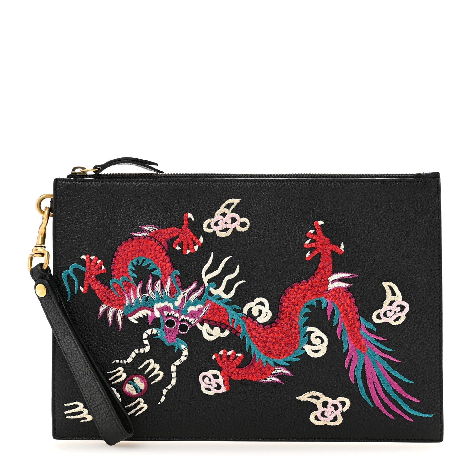 Gucci Calfskin Chinese Dragon Embroidered Zip Wristlet Pouch Multicolor Black
