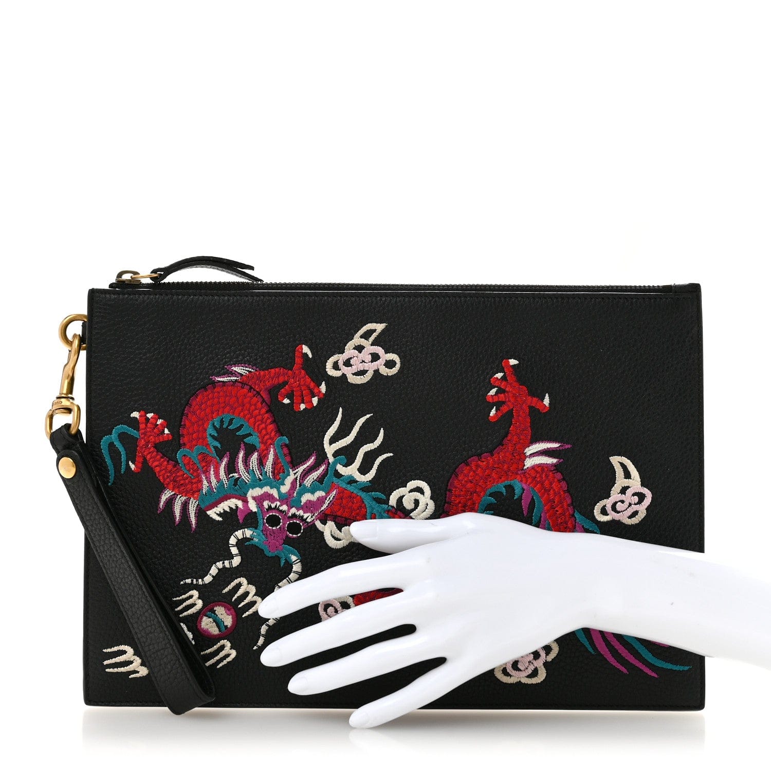 Gucci Calfskin Chinese Dragon Embroidered Zip Wristlet Pouch Multicolor Black