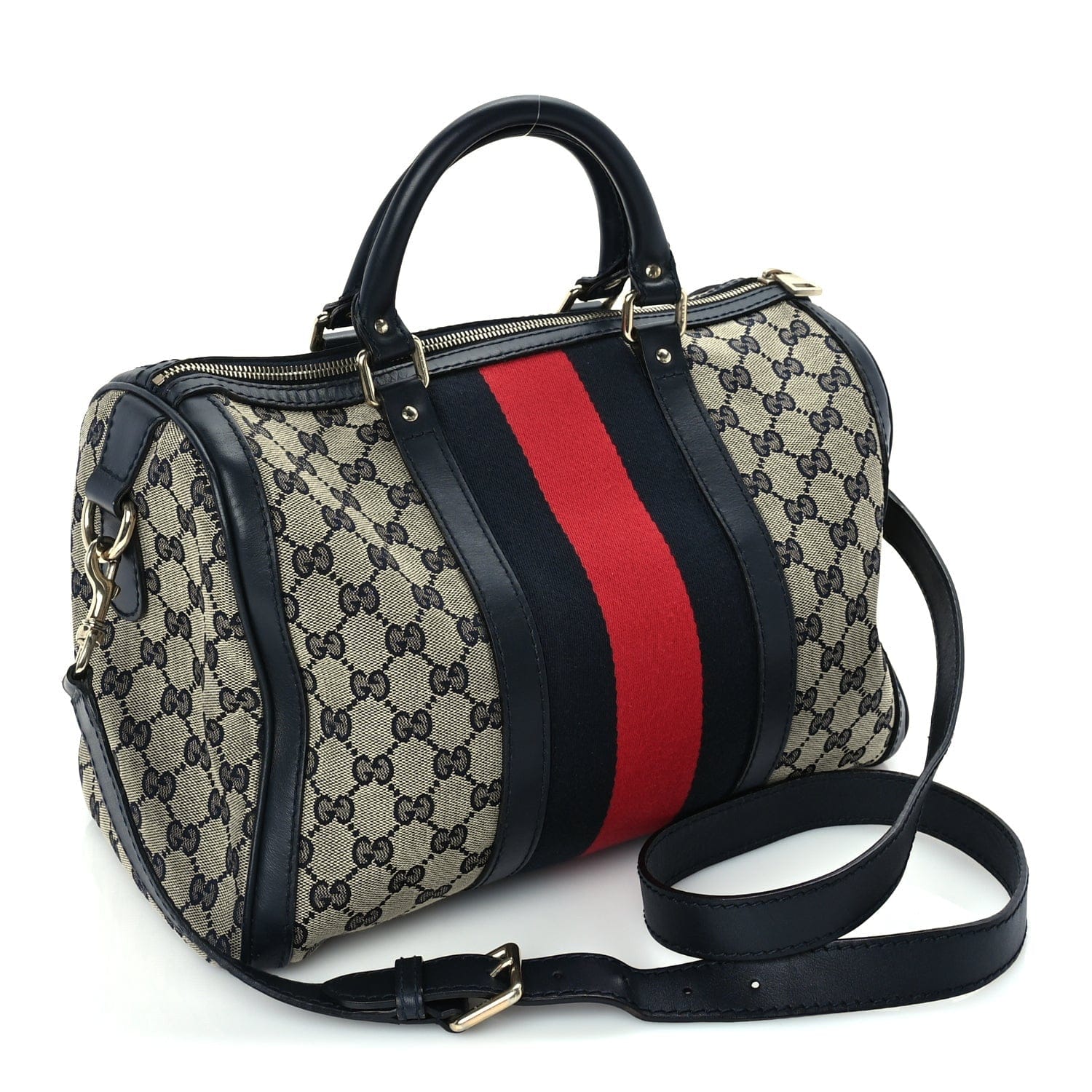 Gucci Monogram Selleria Calfskin Vintage Web Medium Boston Beige Blue