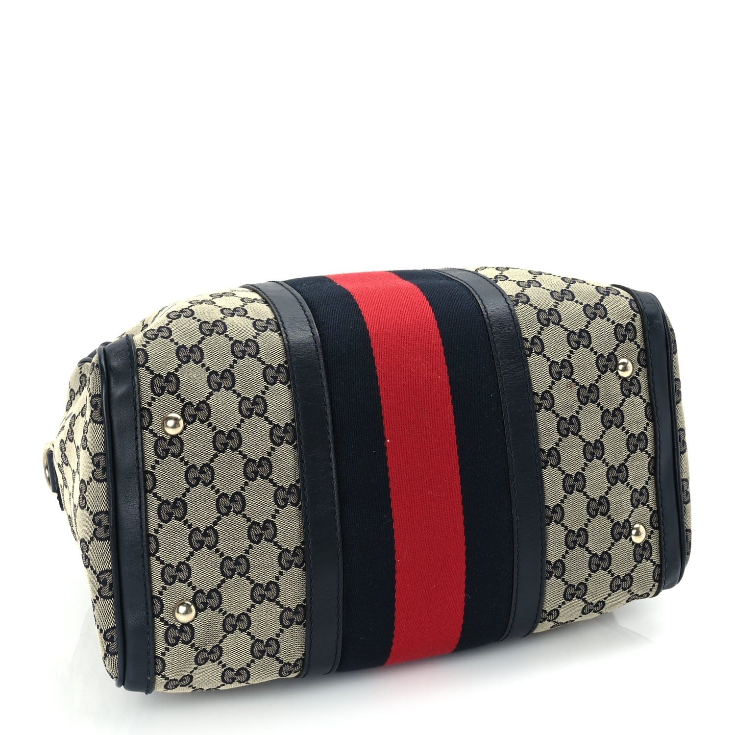 Gucci Monogram Selleria Calfskin Vintage Web Medium Boston Beige Blue