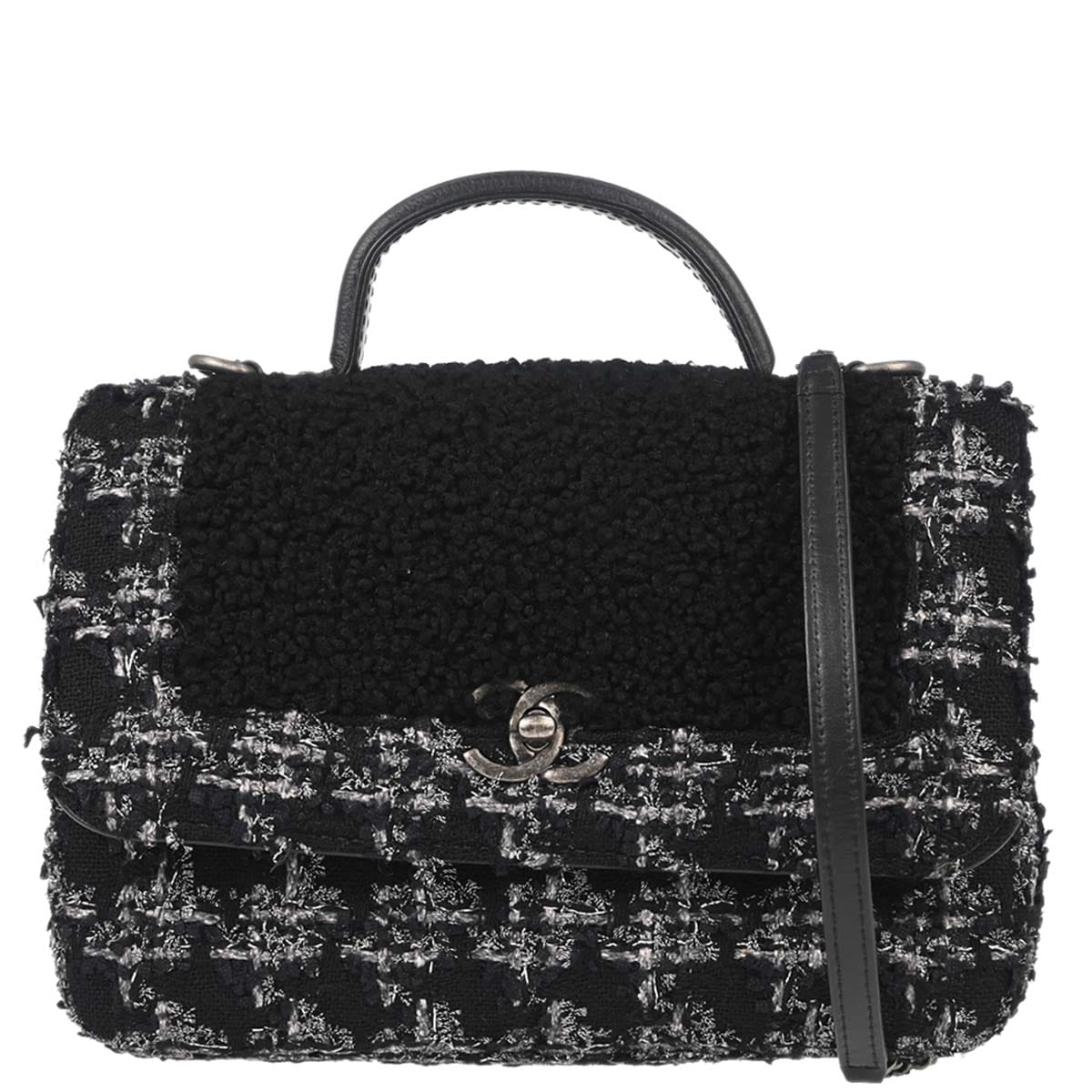 Chanel 2017 - 2018 Black Tweed Shierling Top Handle 2way Shoulder Handbag