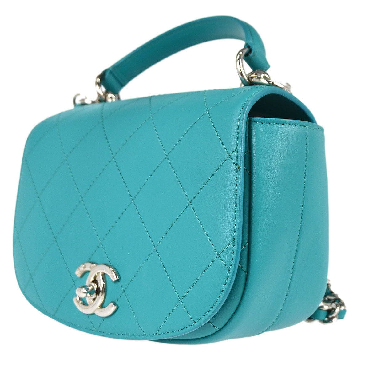 Chanel 2017 Turquoise Blue Lambskin Top Handle 2way Shoulder Handbag