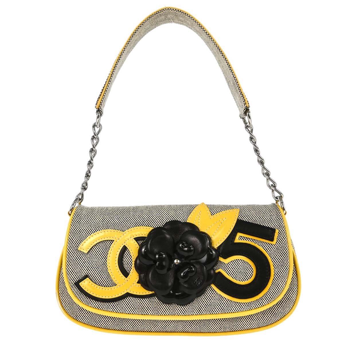 Chanel 2005 - 2006 Black Yellow Canvas Camellia No.5 CC Handbag
