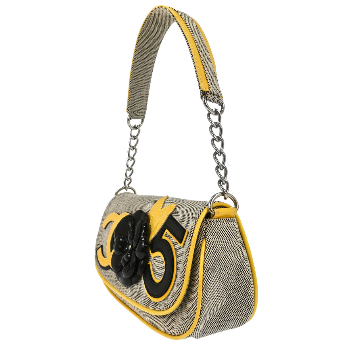 Chanel 2005 - 2006 Black Yellow Canvas Camellia No.5 CC Handbag