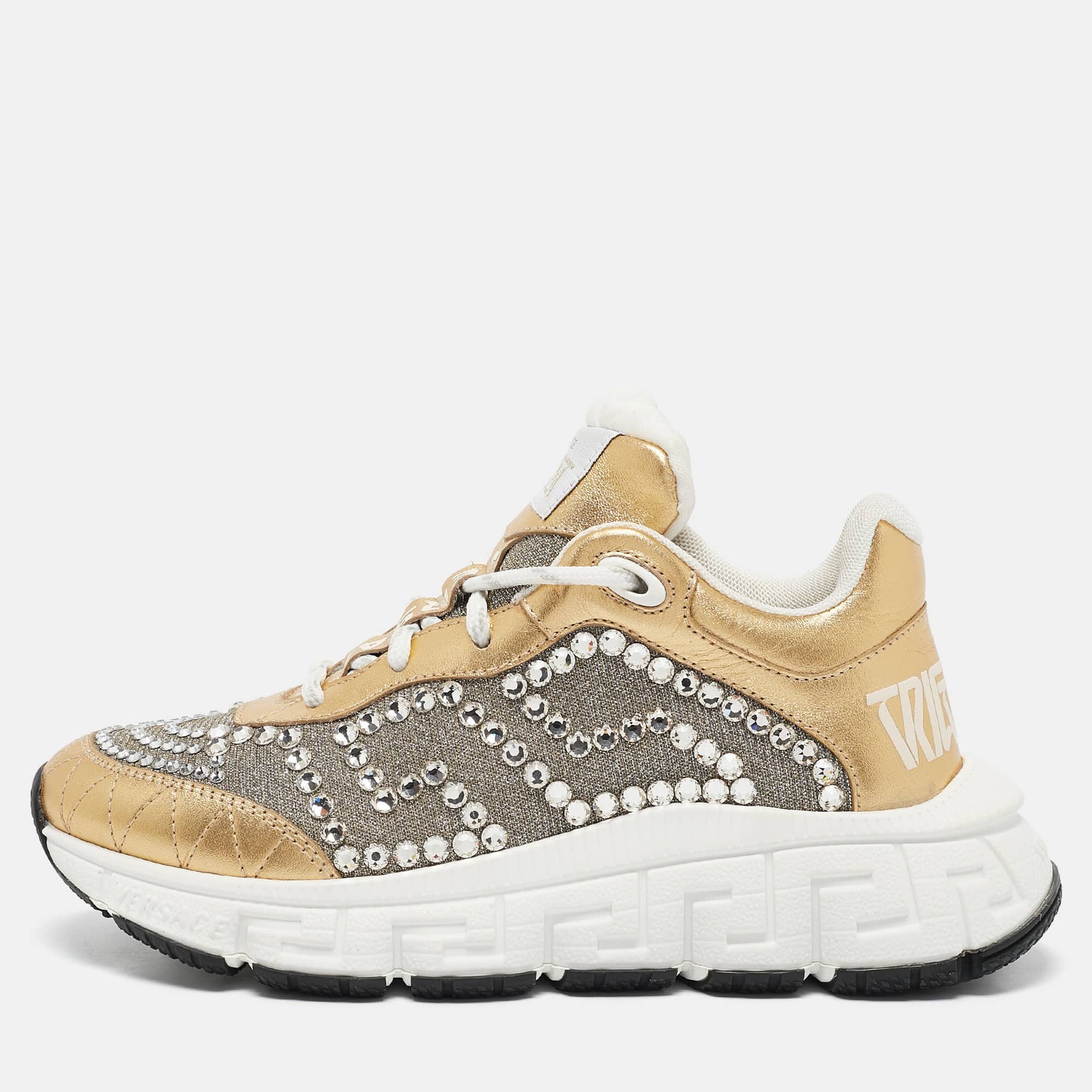 Versace Gold/silver Leather And Lurex Fabric Trigreca Sneakers