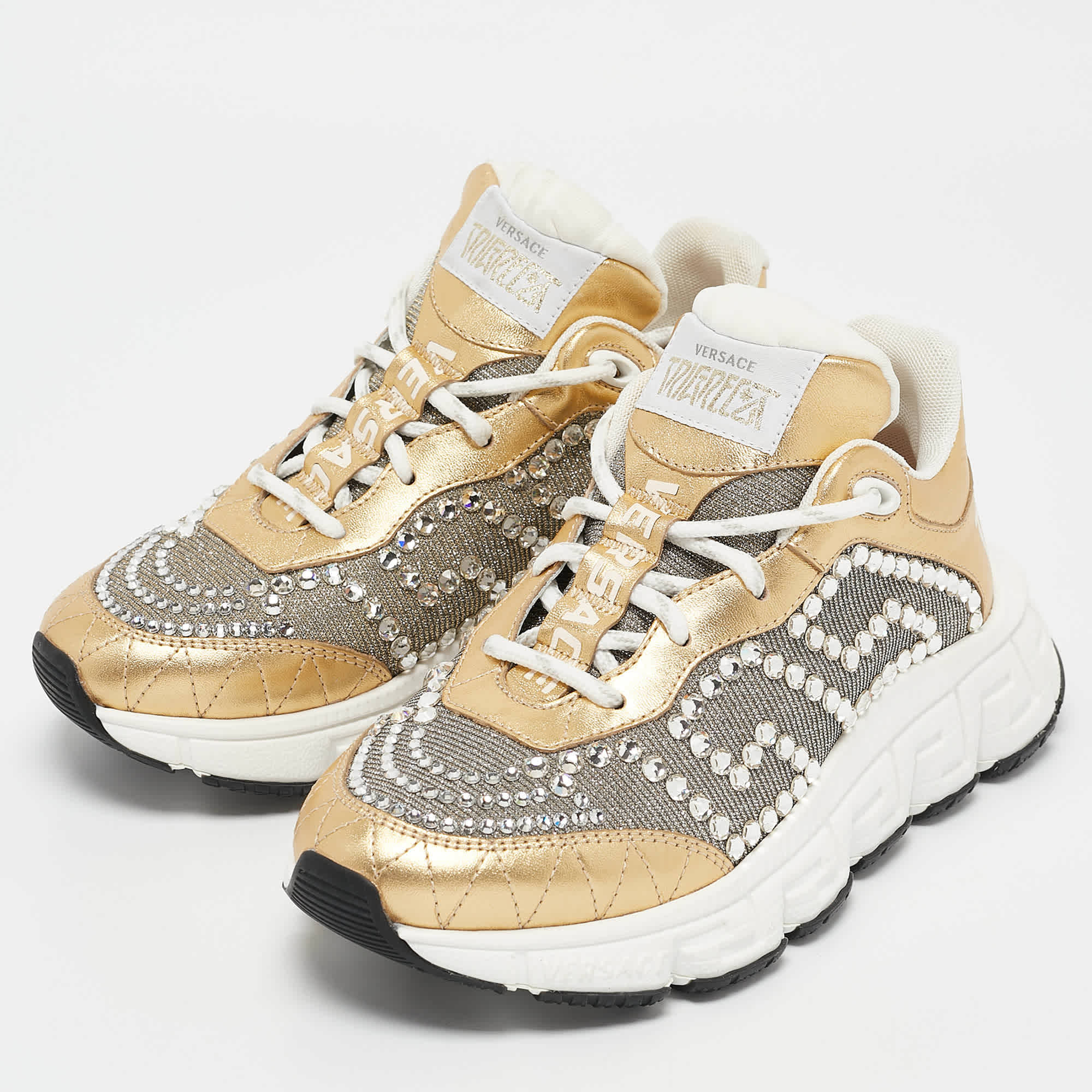 Versace Gold/silver Leather And Lurex Fabric Trigreca Sneakers