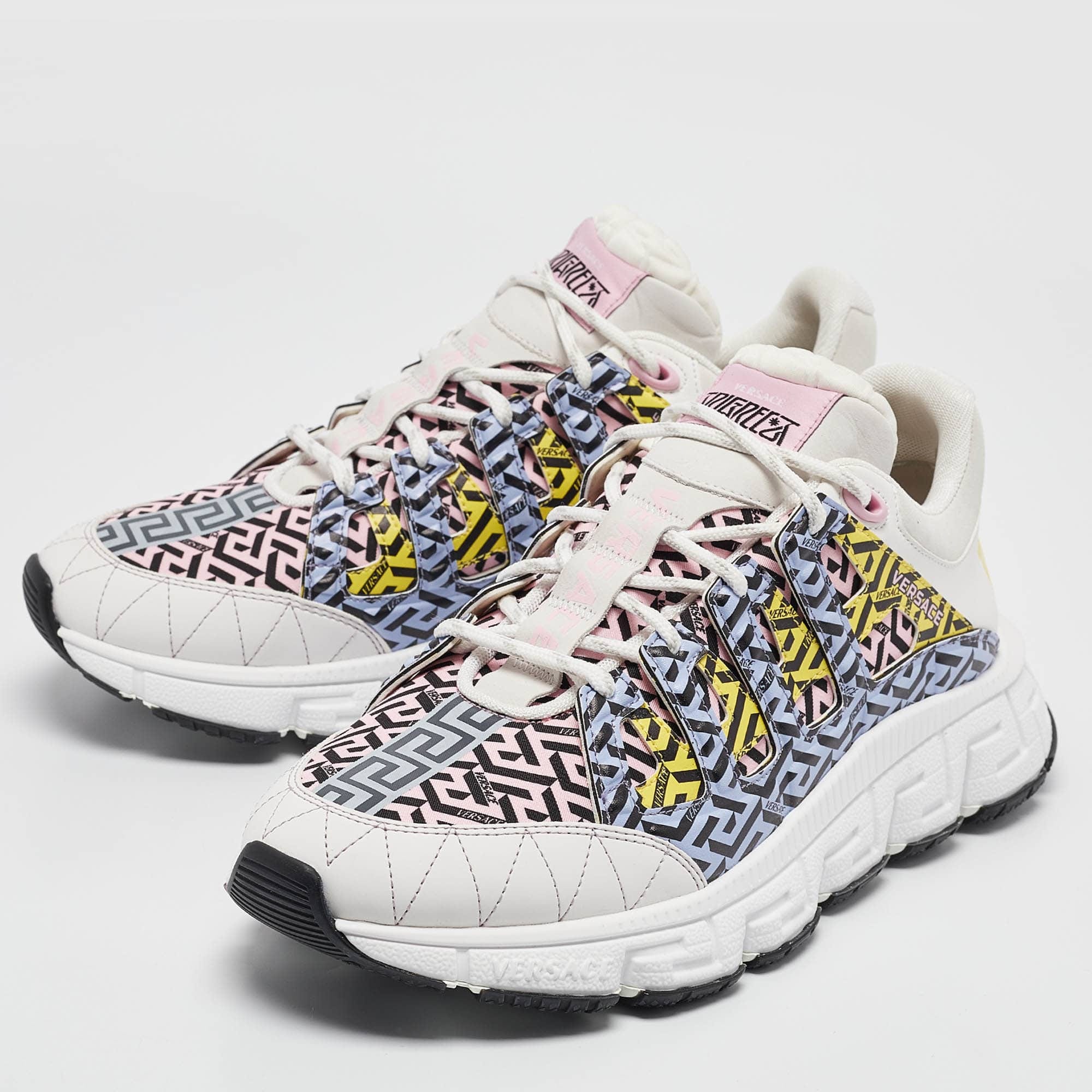 Versace Multicolor Canvas And Leather Trigreca Lace Up Sneakers