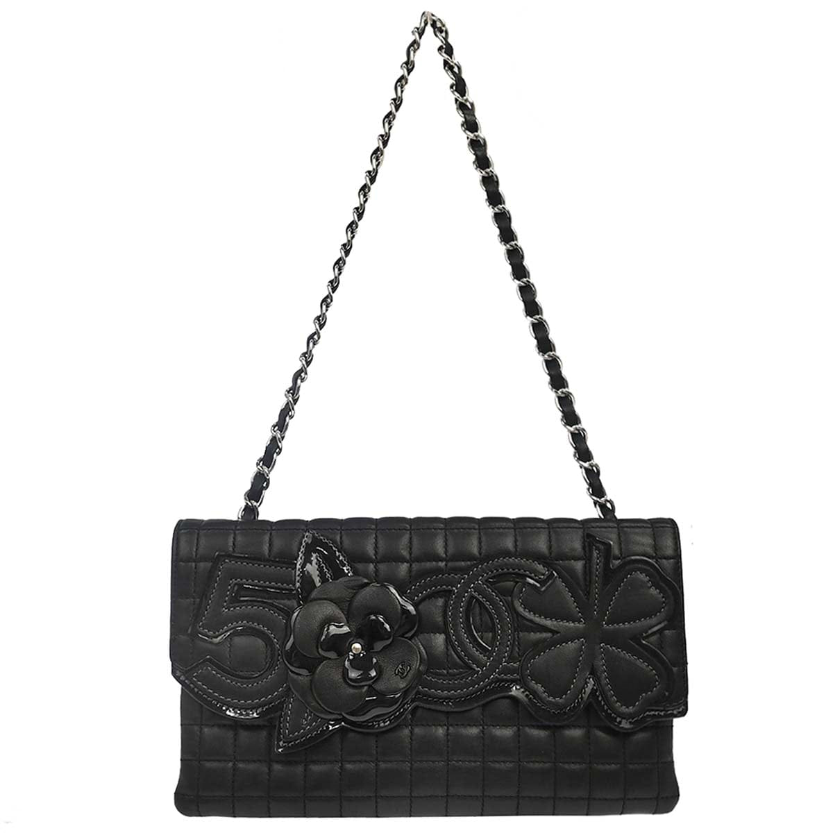 Chanel 2005 - 2006 Black Lambskin Choco Bar Camellia No.5 CC Clover Handbag