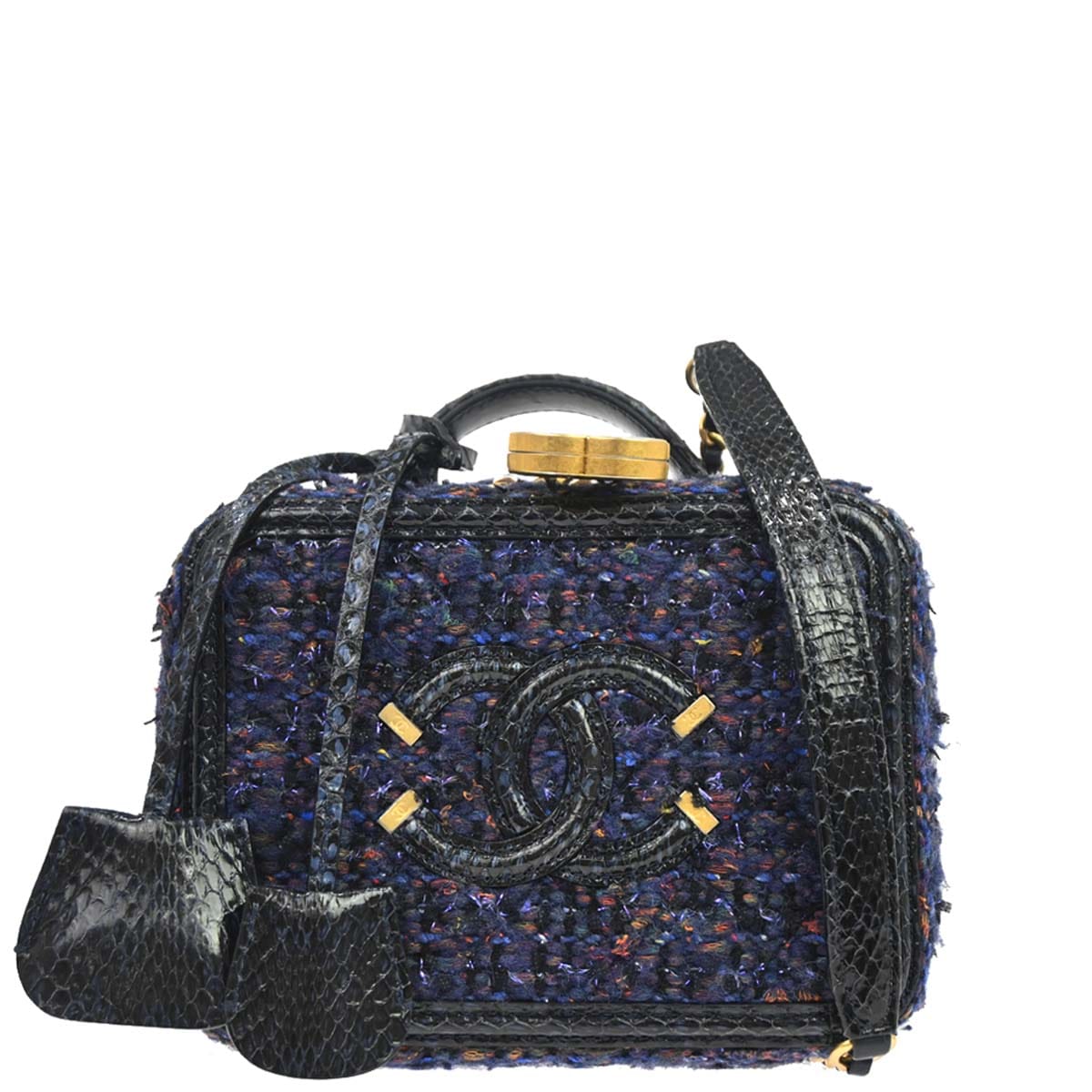 Chanel 2018 - 2019 Navy Black Tweed Python Filigree 2way Shoulder Vanity Handbag