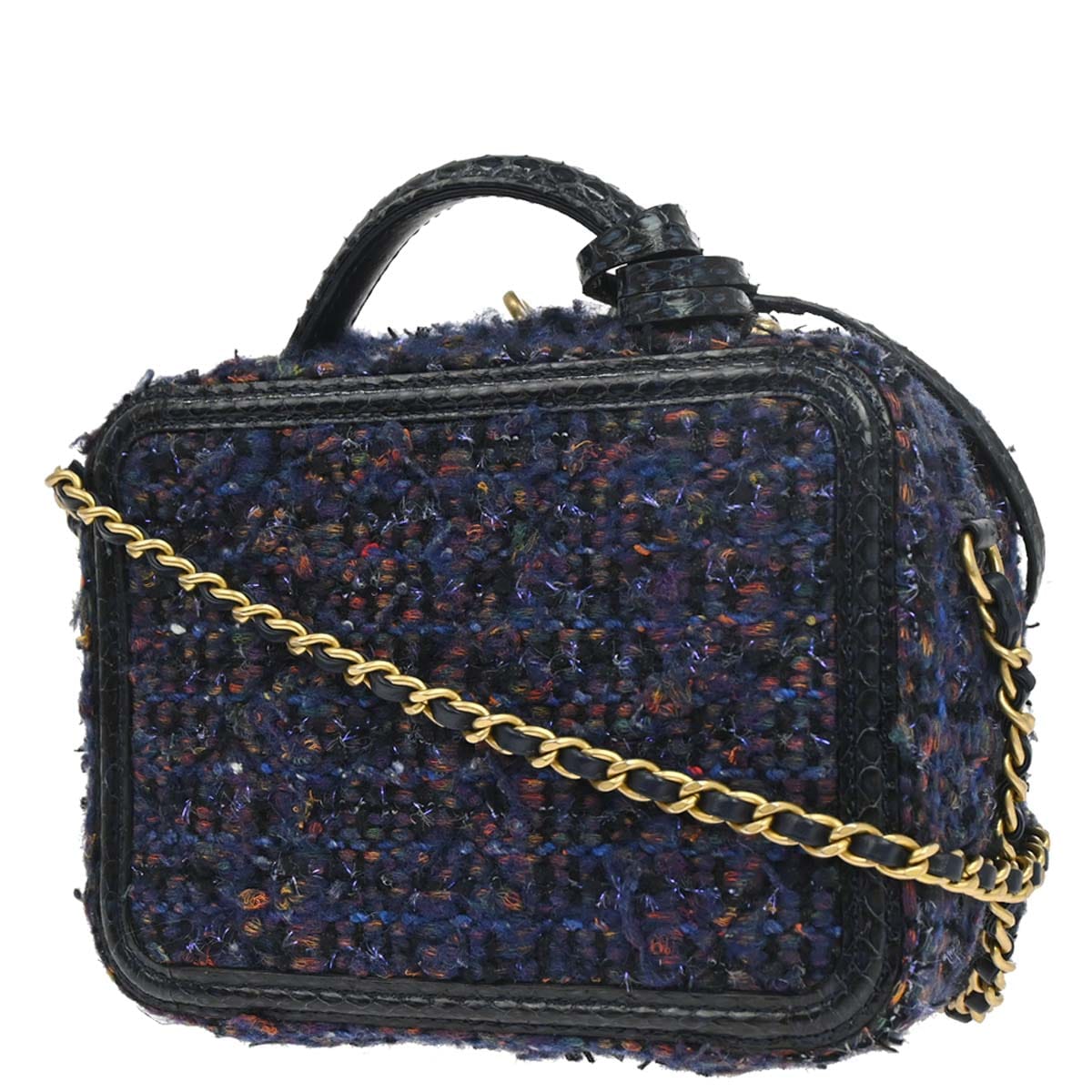 Chanel 2018 - 2019 Navy Black Tweed Python Filigree 2way Shoulder Vanity Handbag