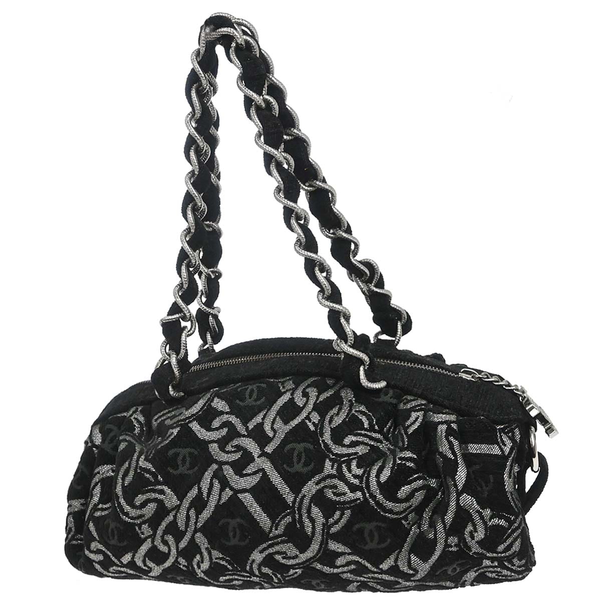 Chanel 2005 - 2006 Black Silver Cotton Jacquard Chain Handbag