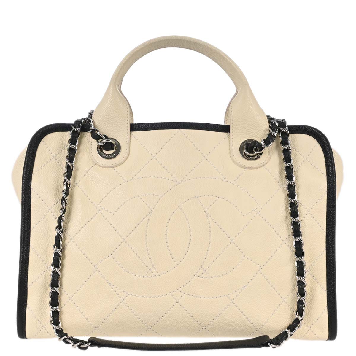 Chanel 2014 - 2015 Ivory Calfskin Deauville Bowling Bag 2way Shoulder Handbag