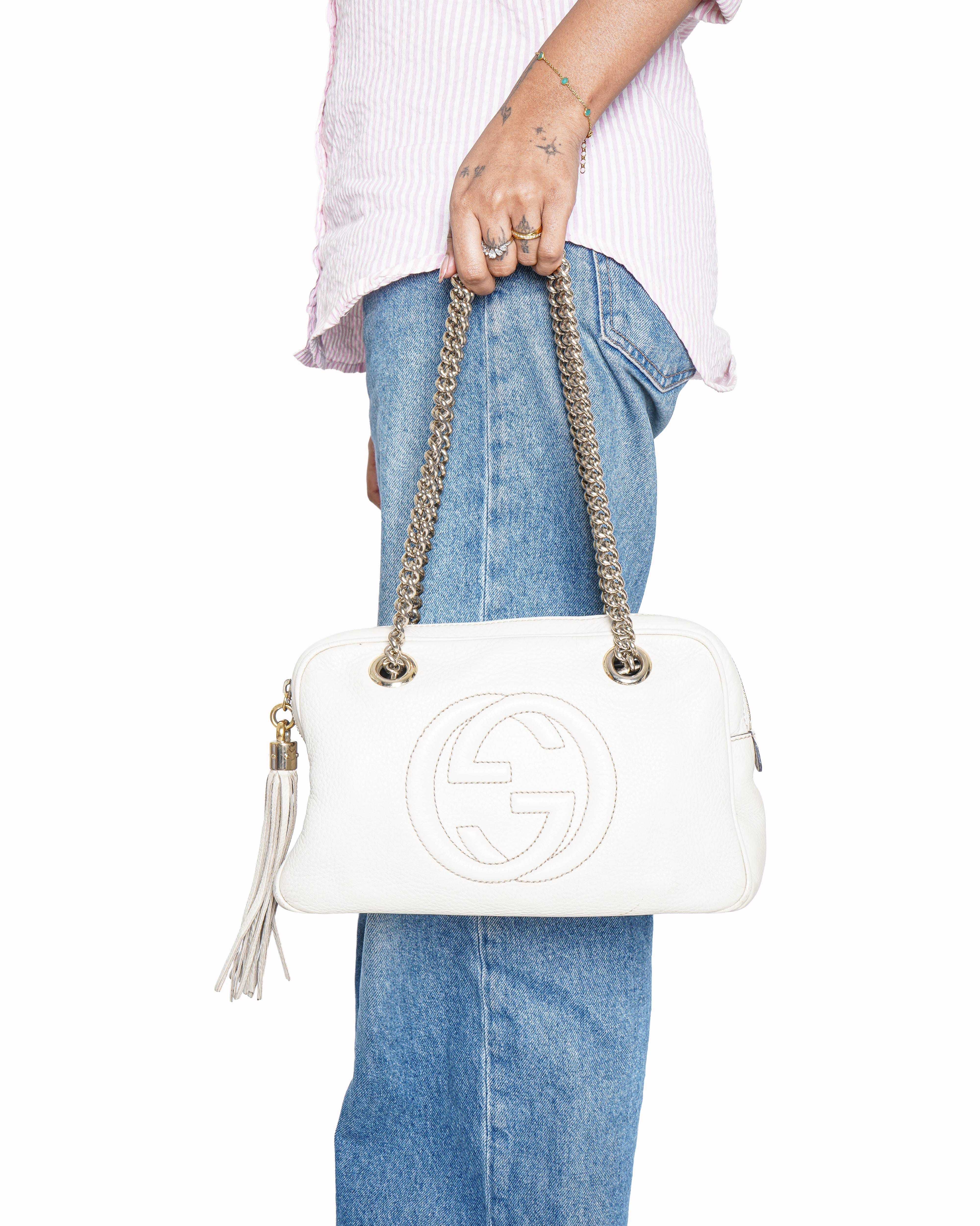 Gucci Soho Chain Shoulder Bag in White Pebbled Leather