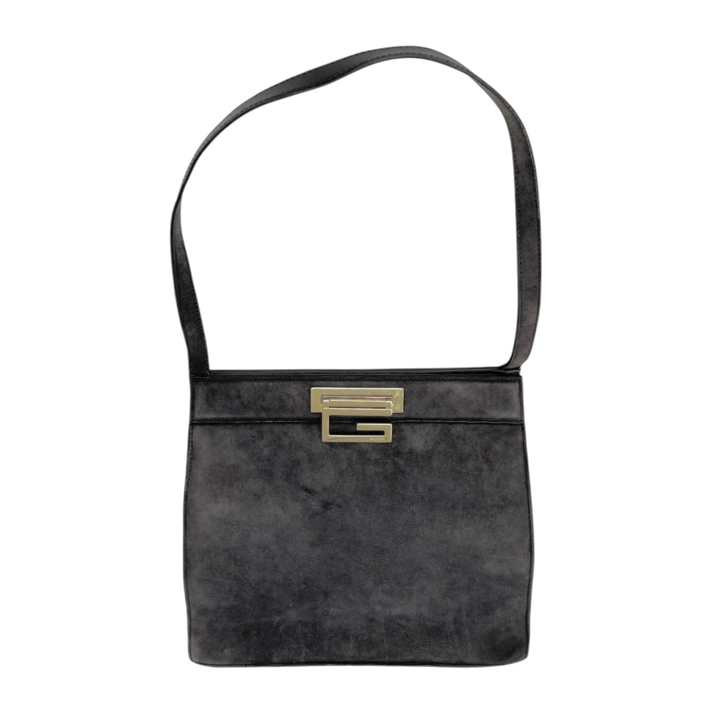 GUCCI Vintage G Square Logo Shoulder Bag Gray Gold Suede Leather
