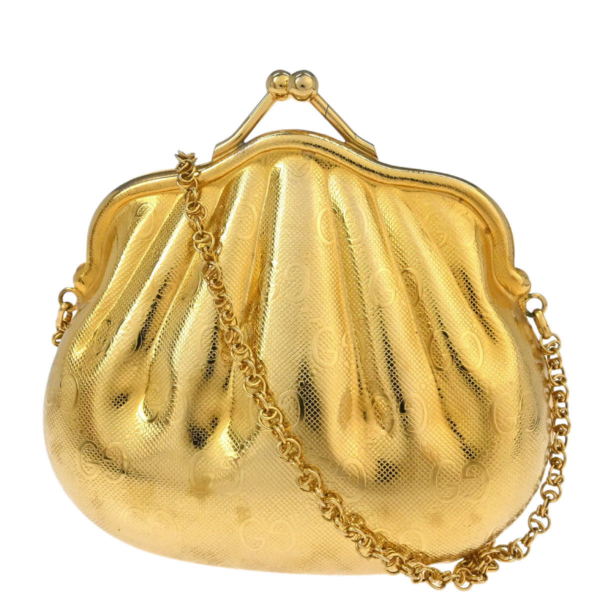 Gucci Gold Metal GG Minaudiere Kiss Lock Pochette Chain Shoulder Bag