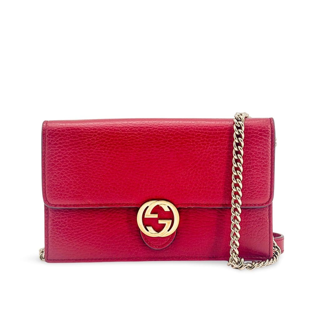 Gucci Interlocking G Leather Chain Shoulder Bag Red Gold Hardware