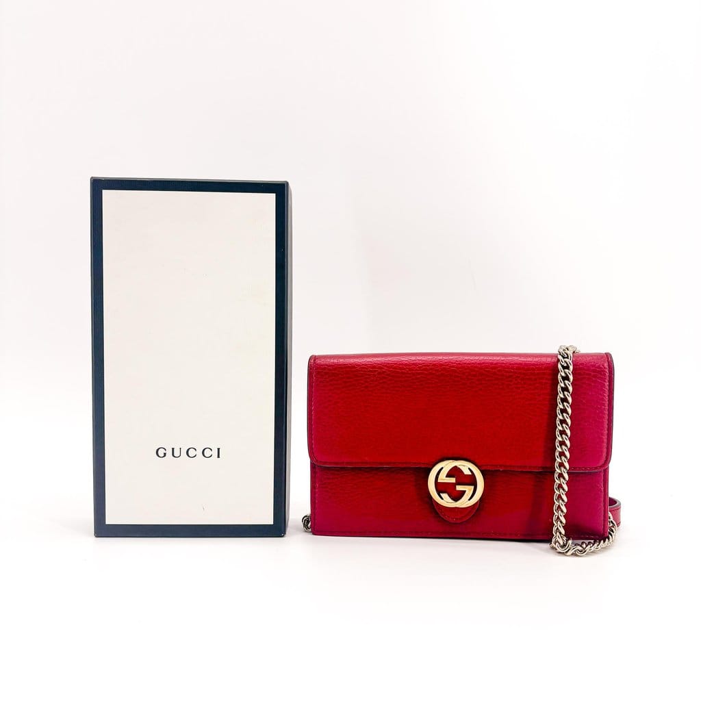Gucci Interlocking G Leather Chain Shoulder Bag Red Gold Hardware