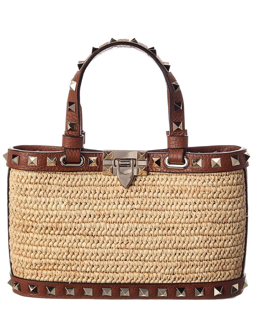 Valentino Rockstud Mini Straw & Leather Tote