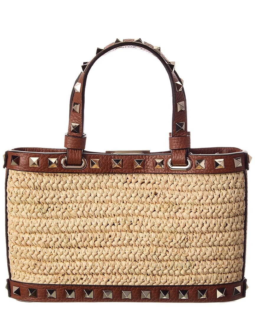 Valentino Rockstud Mini Straw & Leather Tote