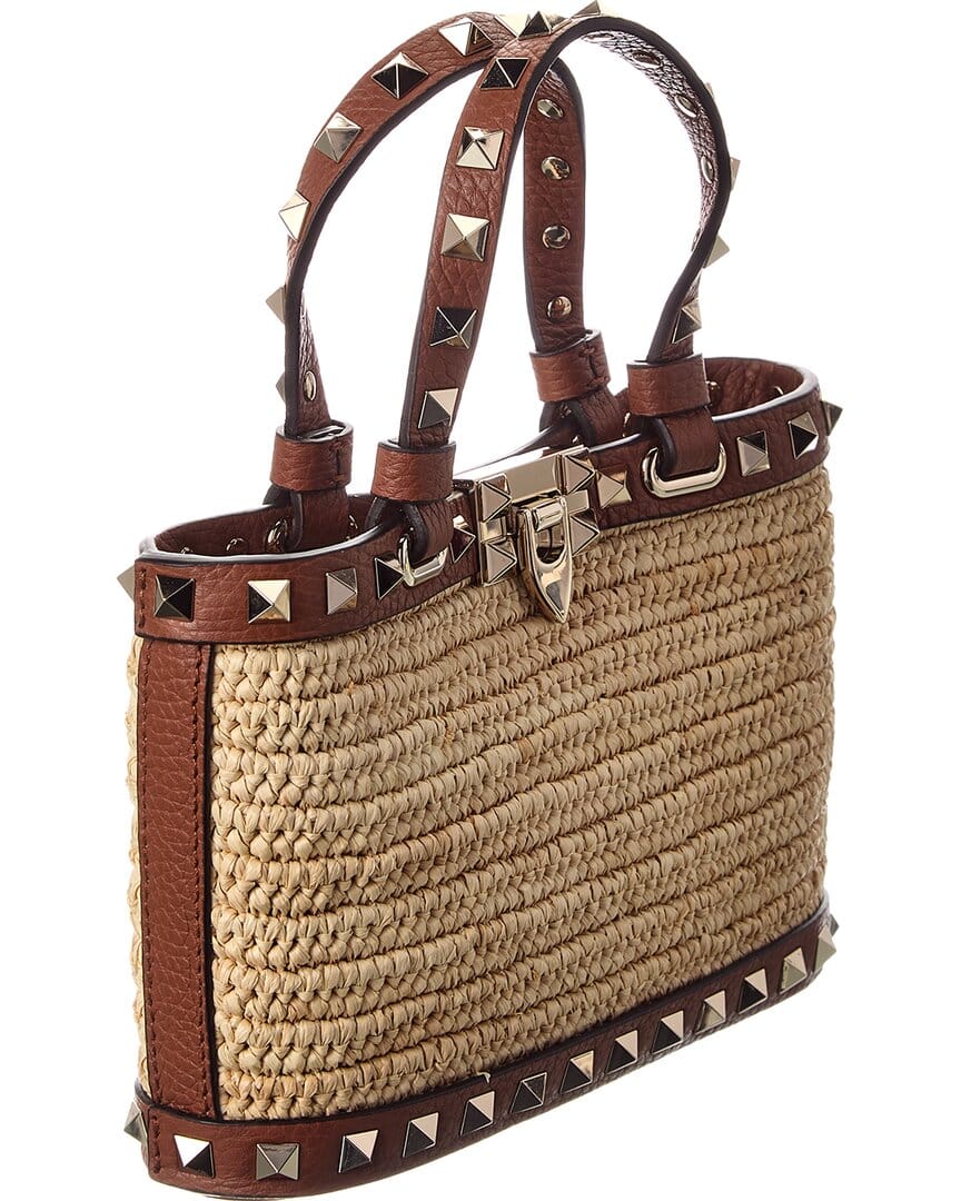 Valentino Rockstud Mini Straw & Leather Tote