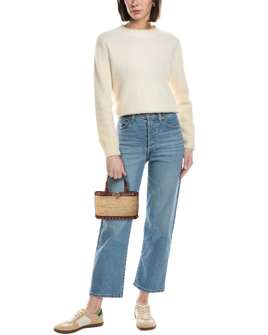 Valentino Rockstud Mini Straw & Leather Tote
