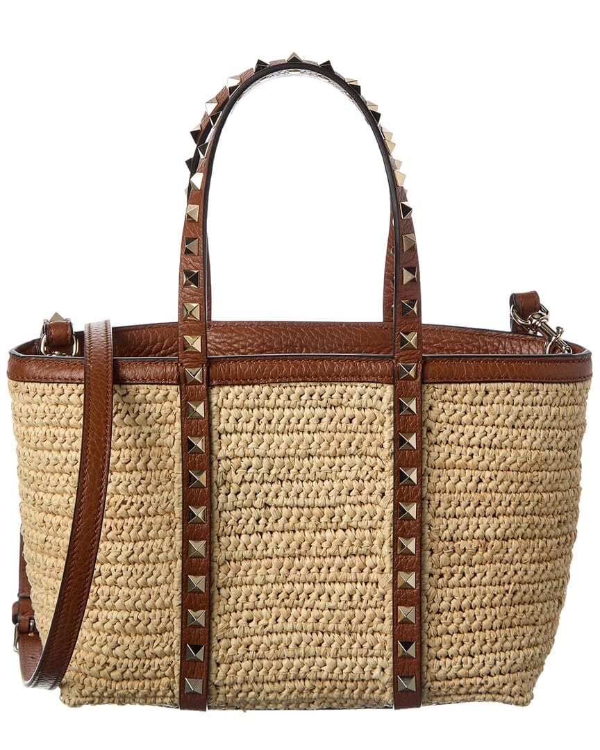 Valentino Rockstud Straw & Leather Tote