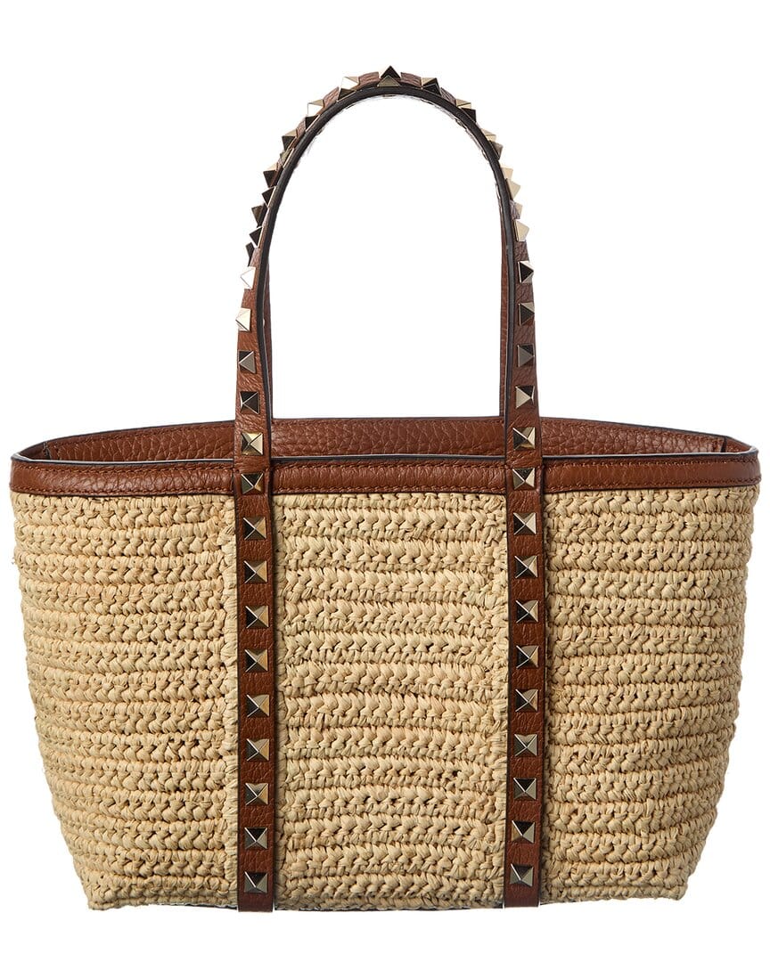Valentino Rockstud Straw & Leather Tote