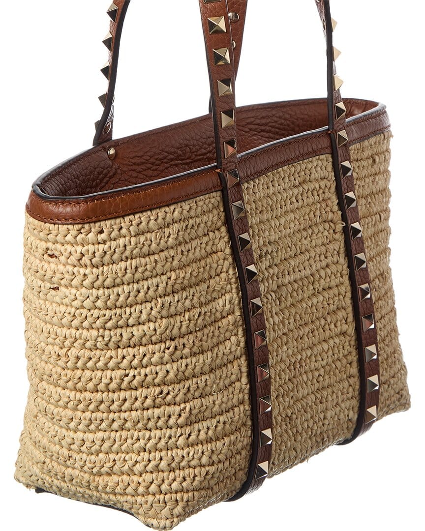 Valentino Rockstud Straw & Leather Tote