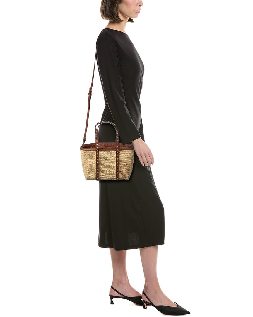 Valentino Rockstud Straw & Leather Tote