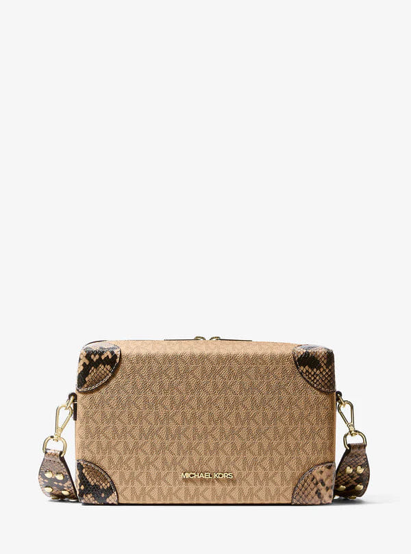 Michael Kors Jeanie Small Signature Logo and Snake Embossed Crossbody Bag Camel