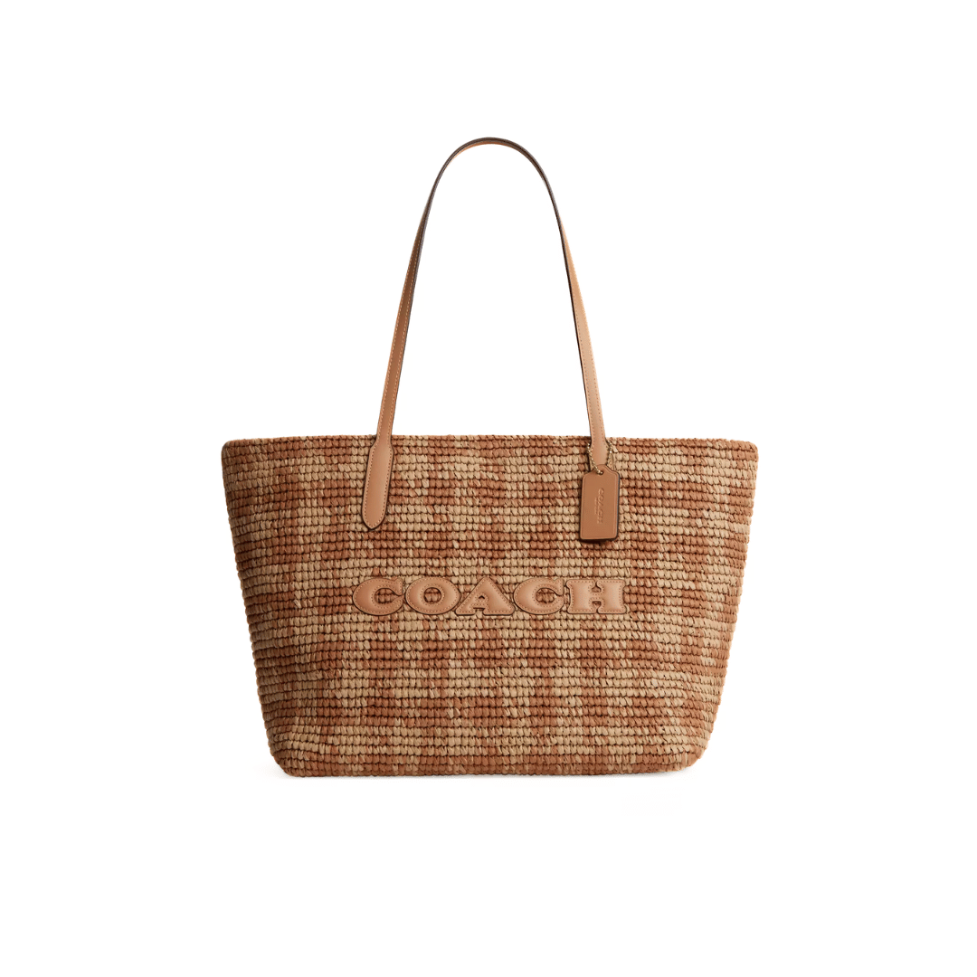 Coach City Tote Bag With Gingham Print straw Gold Tan