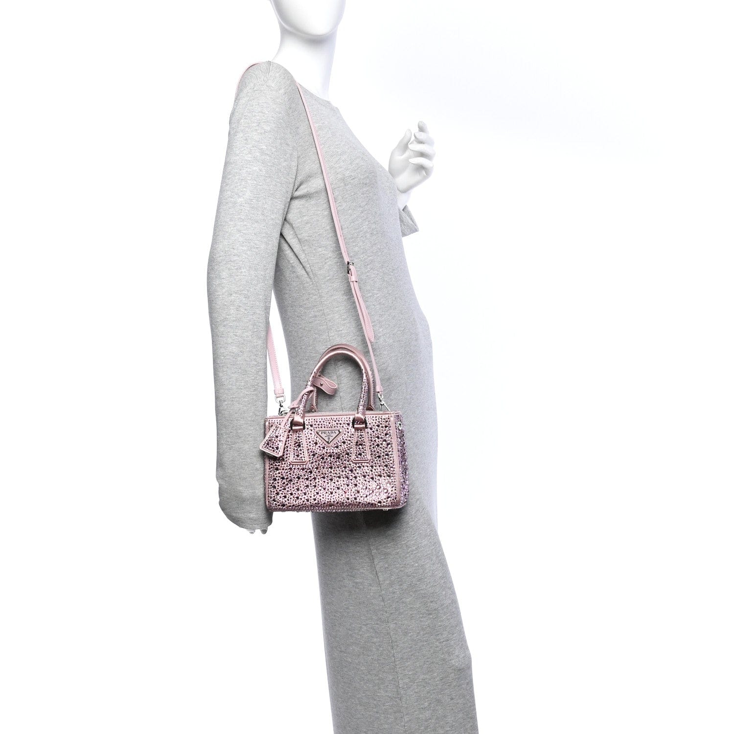 Prada Satin Crystal Mini Galleria Double Zip Tote Alabastro