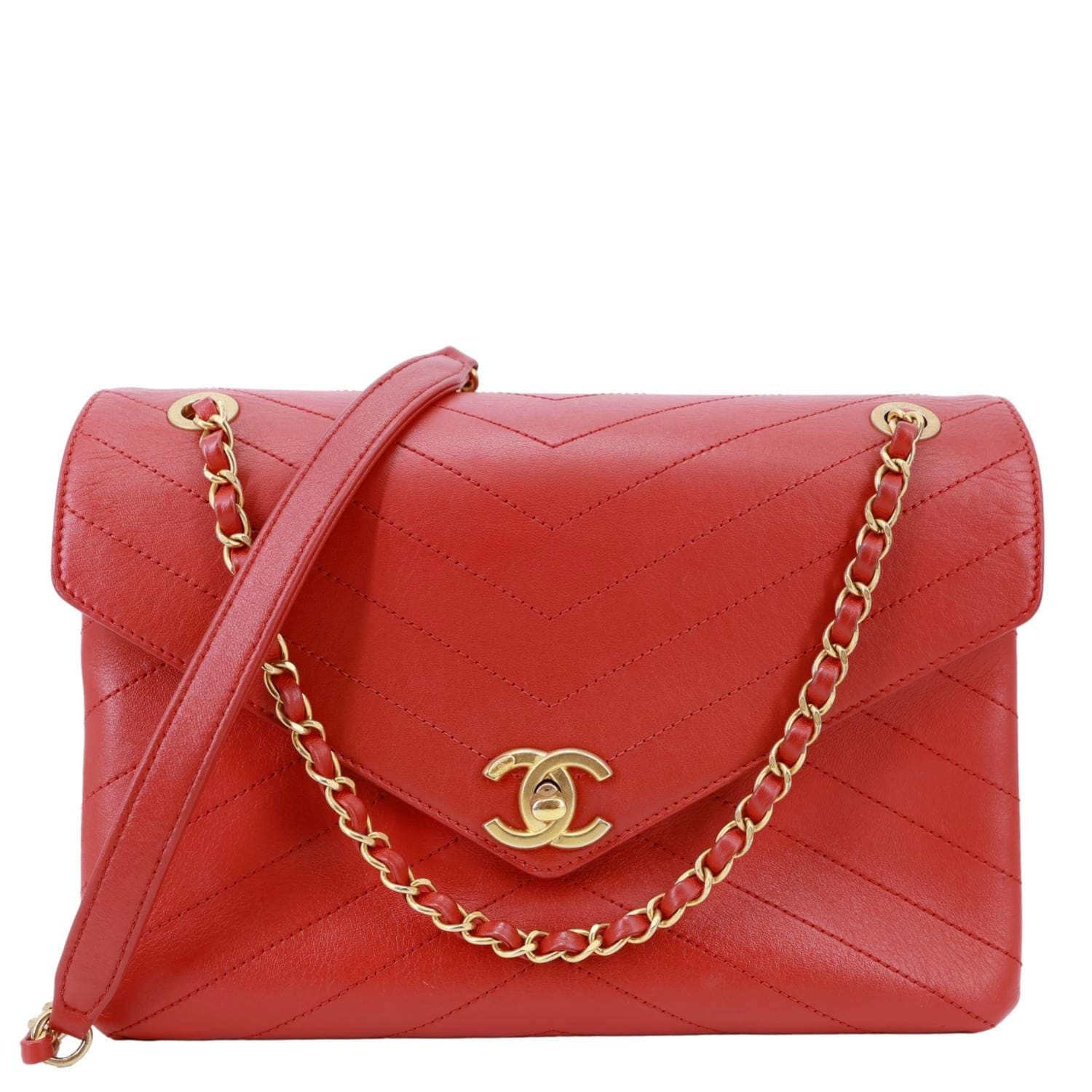 CHANEL Envelope Flap Lambskin Chevron Stitched Leather Crossbody Bag Red