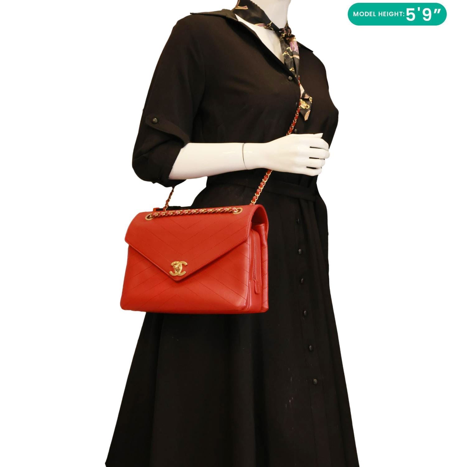 CHANEL Envelope Flap Lambskin Chevron Stitched Leather Crossbody Bag Red