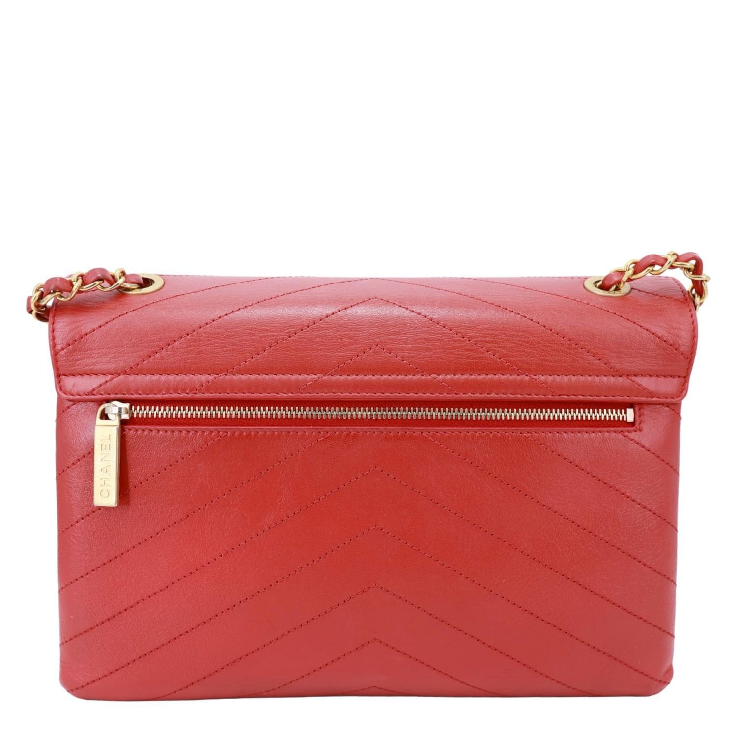 CHANEL Envelope Flap Lambskin Chevron Stitched Leather Crossbody Bag Red