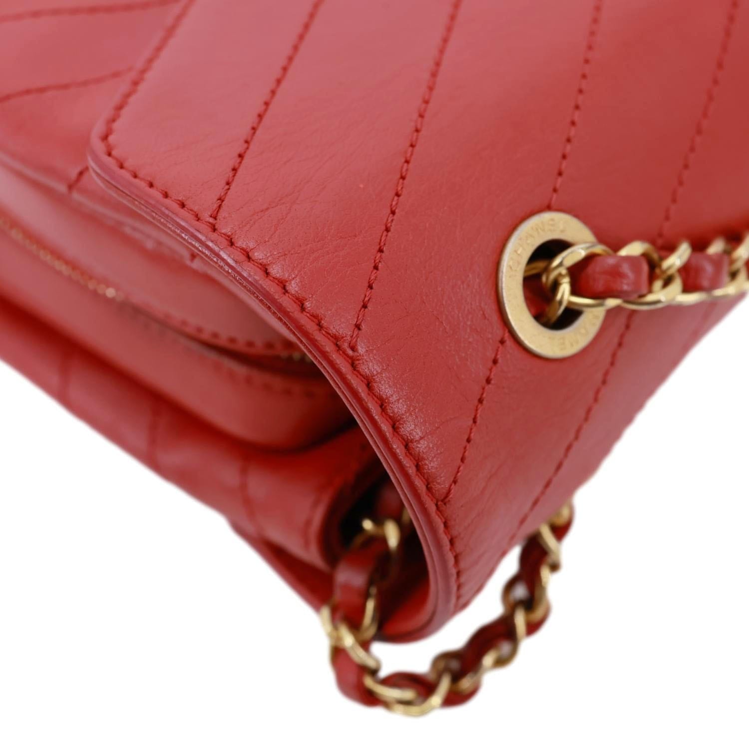CHANEL Envelope Flap Lambskin Chevron Stitched Leather Crossbody Bag Red